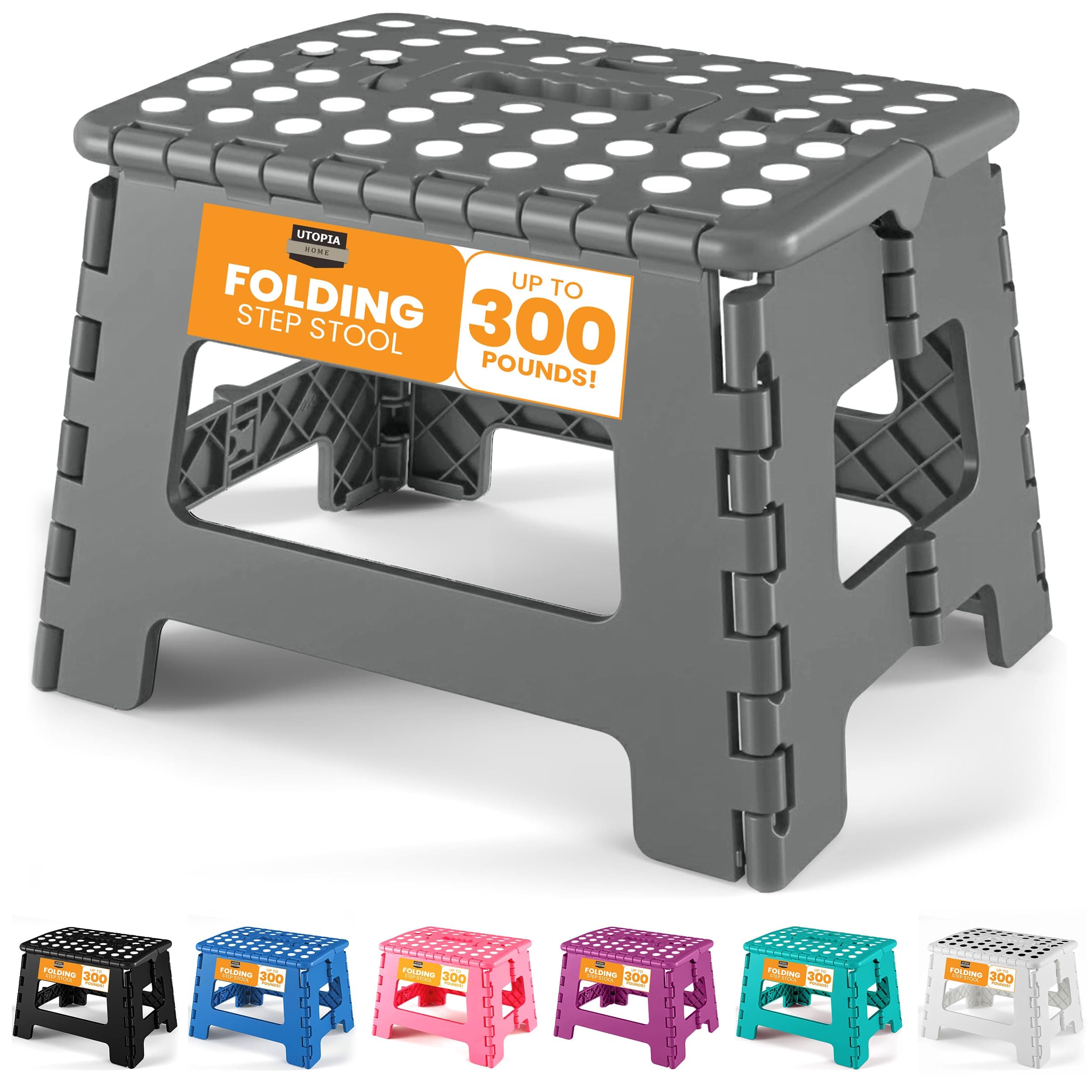 Utopia Home Folding Step Stool - (Pack of 1) Foot Stool with 9 Inch Height - Holds Up to 300 lbs - Lightweight Plastic Foldable Step Stool for Kids, Kitchen, Bathroom & Etc (Light Grey)