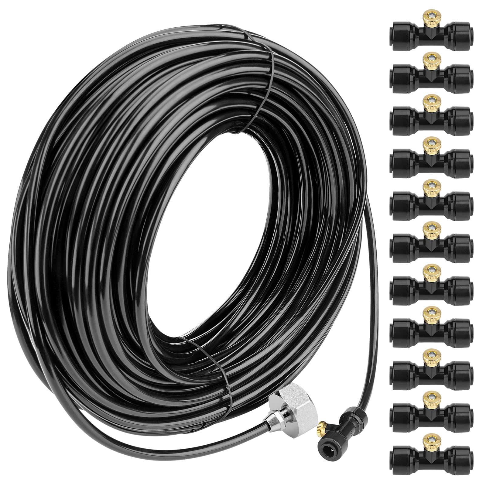 Awpeye Misting Cooling System 98.4FT (30M) Misting Line + 50 Brass Mist Nozzles + 45 T-Connectors + 1 Faucet Adapters (3/4") Outdoor Mister for Patio Garden Greenhouse Trampoline for Waterpark