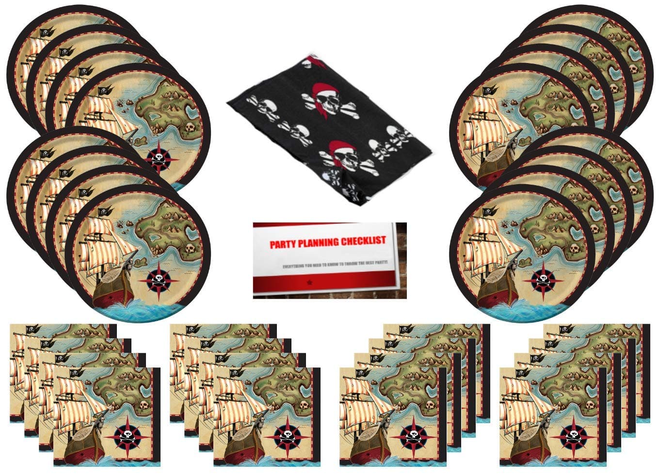 Pirate Ship Treasure Map Party Supplies Bundle Pack for 16 with Pirate Bandana (Plus Party Planning Checklist by Mikes Super Store)