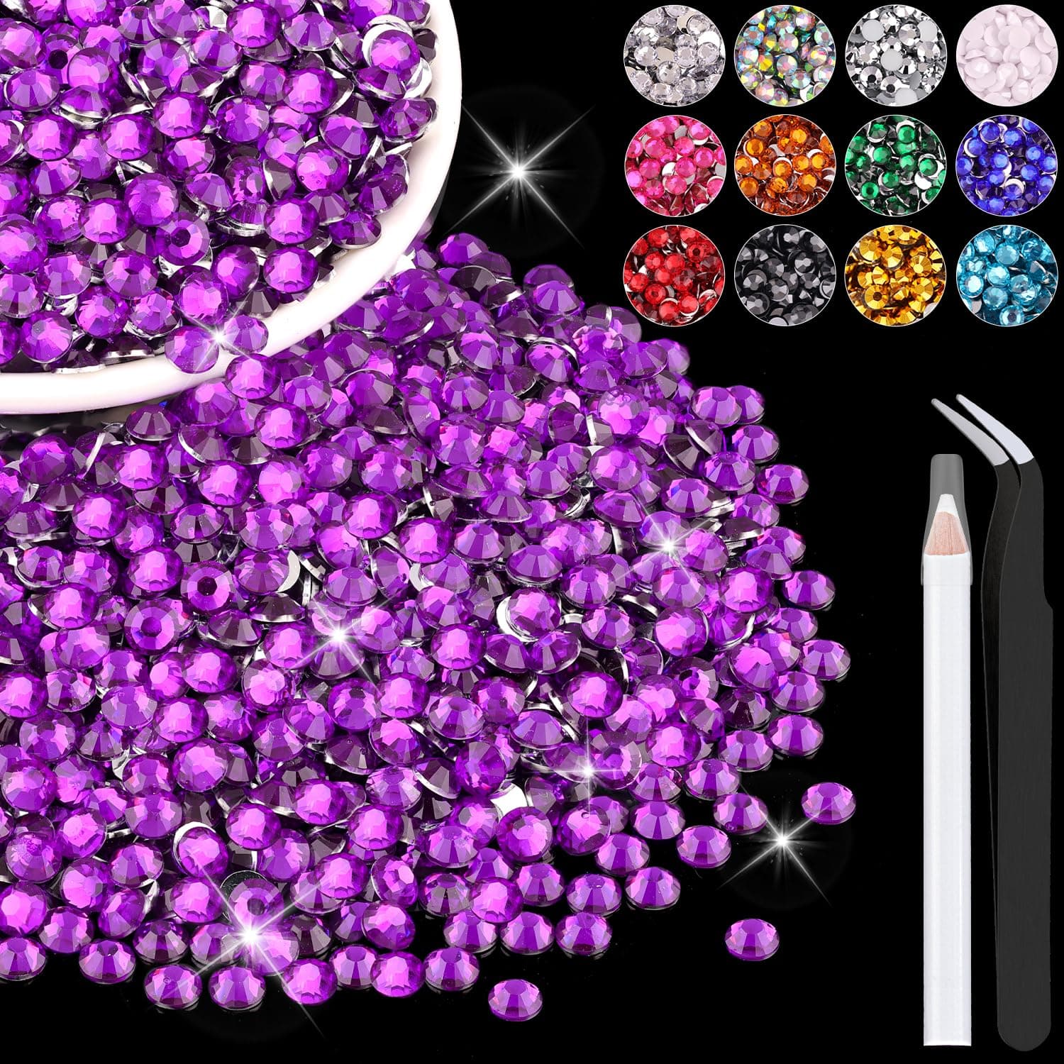 4000PCS 4mm Resin Rhinestones in Bulk (Dark Violet), Bedazzling Flatback Crystals for Crafts DIY Nail Decoration, Gems Charms for Tumbler Shoes Clothing Fabric with Pickup Pen and Tweezers
