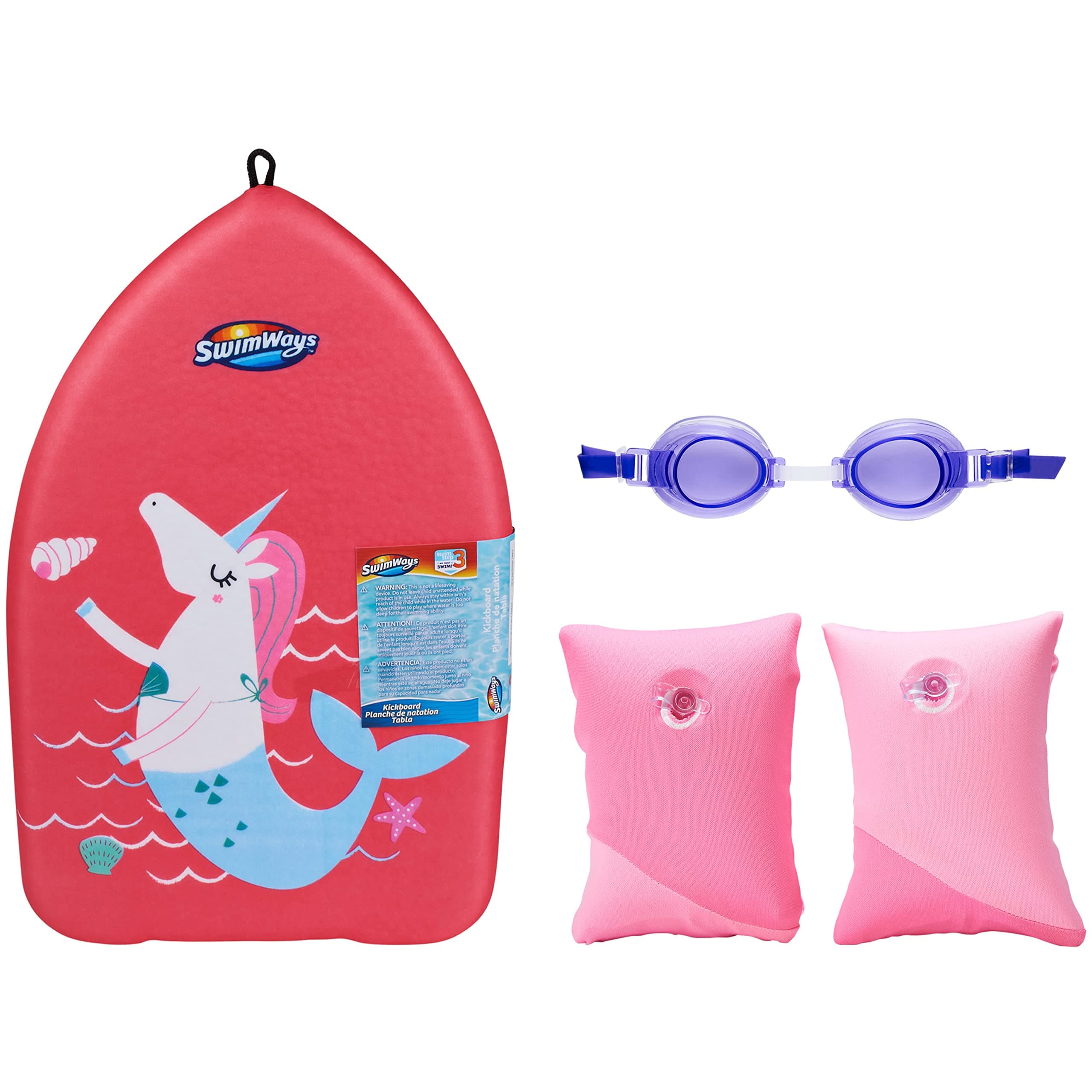 Swimways Value Pack, Fish Face Guppy Goggles ,Soft Swimmies, Learn to Swim Kickboard