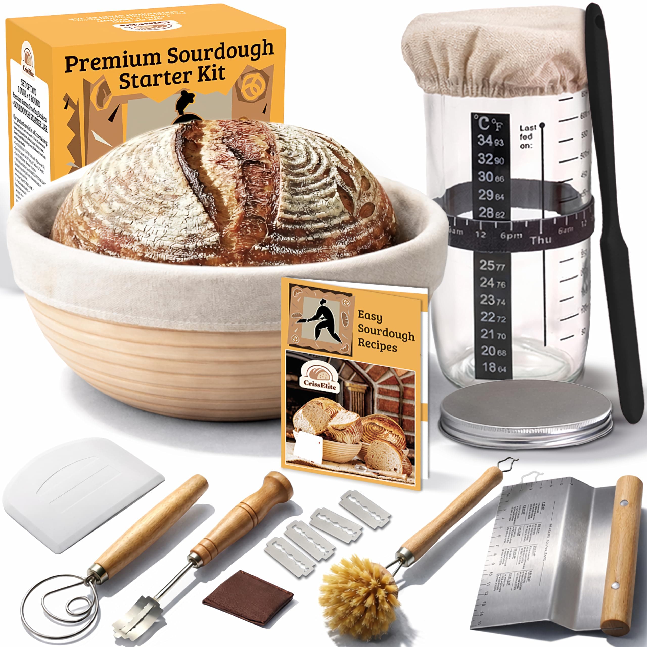 Sourdough Starter Kit for Beginners – 9” Banneton Bread Proofing Basket with 24oz Glass Sourdough Starter Jar & Sourdough Bread Baking Supplies, Easy No-Fail Kit, Gift for Home Bakers