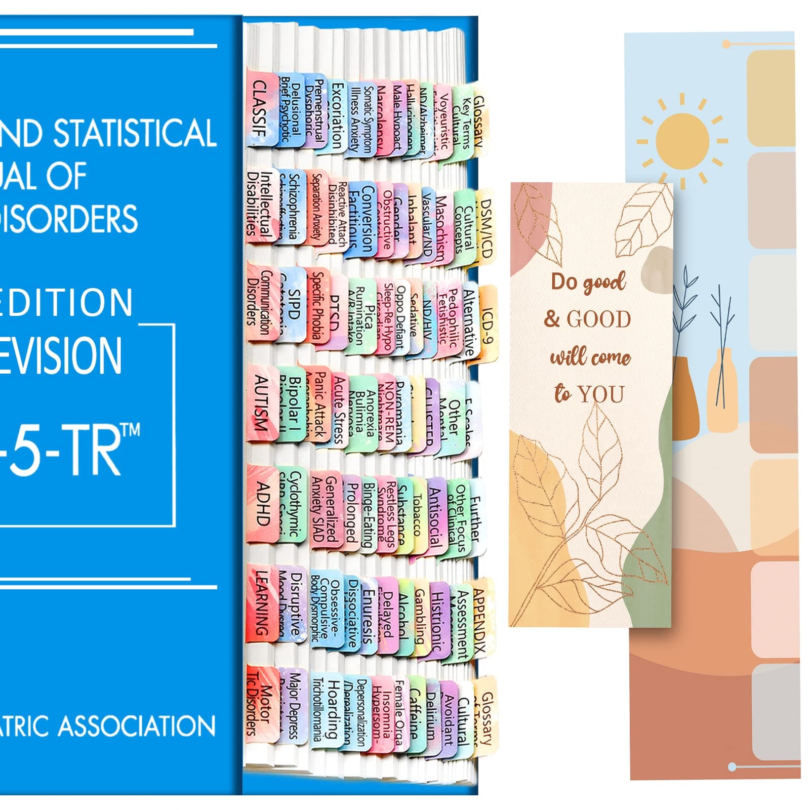 Bcabo DSM-5-TR Index Tabs, Watercolor Laminated DSM V TR Tabs, Upgraded 2022 Version DSM 5 Tabs, 100 Pcs Including 18 Blank Ones, with Alignment Guide and Bookmark