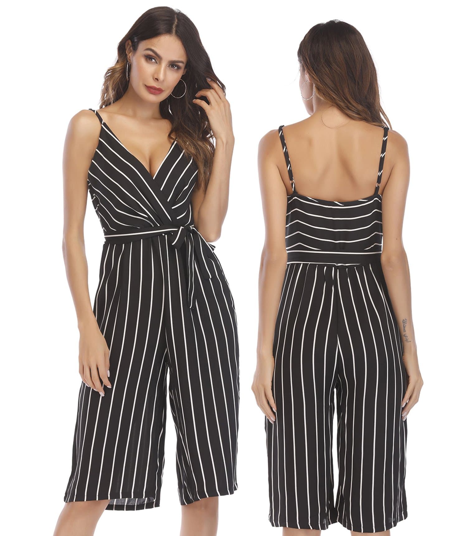 Women Cute Striped Romper Backless V Neck Spaghetti Strap Boho Summer Jumpsuit with Belt