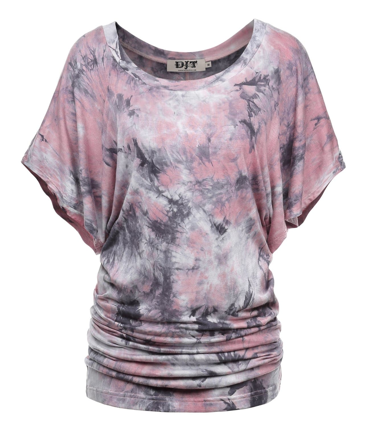 DJT Women's Solid Short Sleeve Boat Neck Dolman Top with Side Shrring