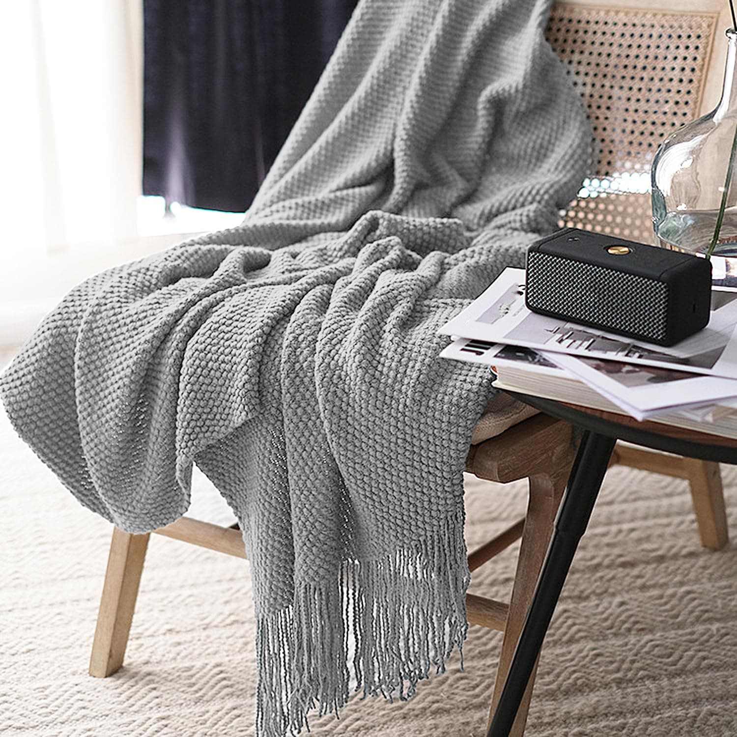 Knitted Throw Blanket with Tassels Bubble Textured Soft Lightweight Throws for Couch Cover Home Decor (Light Grey, 50x60)
