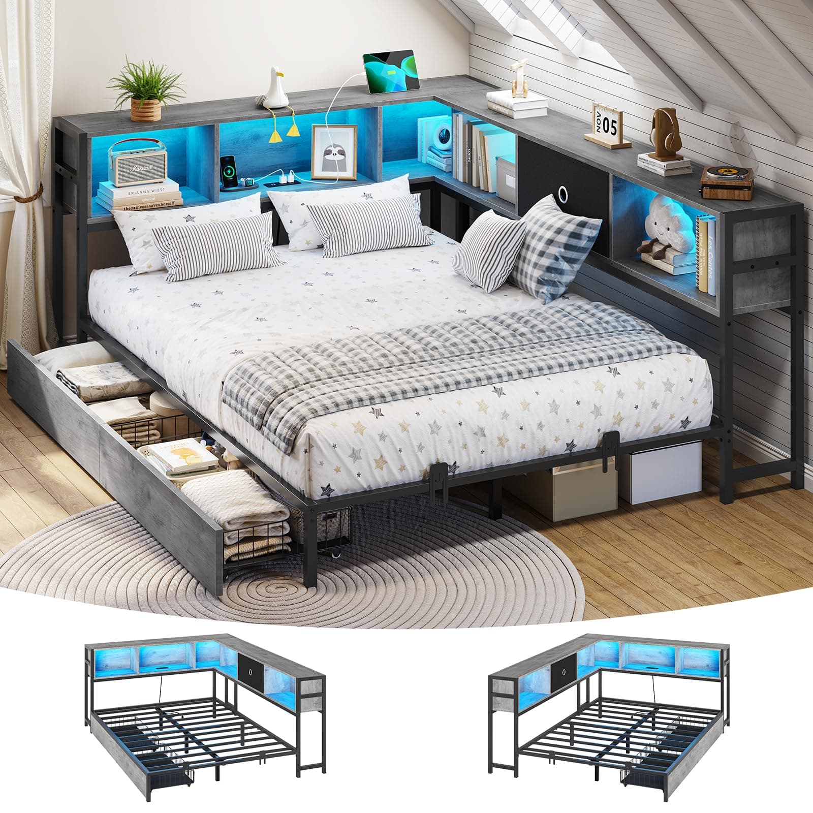 Corner Full Bed Frame with Bookcase Storage and Led Lights Full Size Metal Platform Bed Frame with Storage Drawers & Charging Station Full Daybed for Living Room,Bedroom,Guest Room,Oak Gray