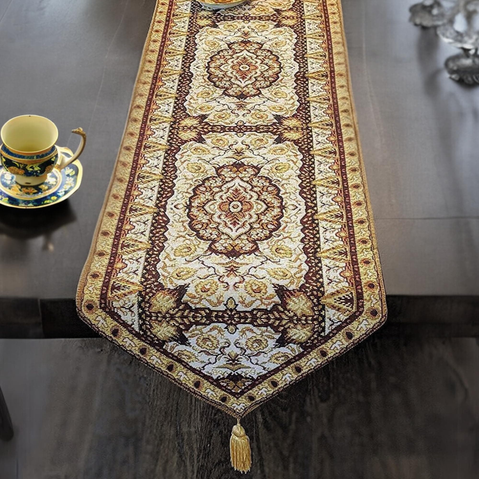 DaDa Bedding Elegant Ornate Tapestry Dining Table Runner - Intricate Royal Persian Style Rug Floral Golden Opulence - Gold Brown Beige Decorative Damask Cotton Linen Woven Mats - 13" x 54"