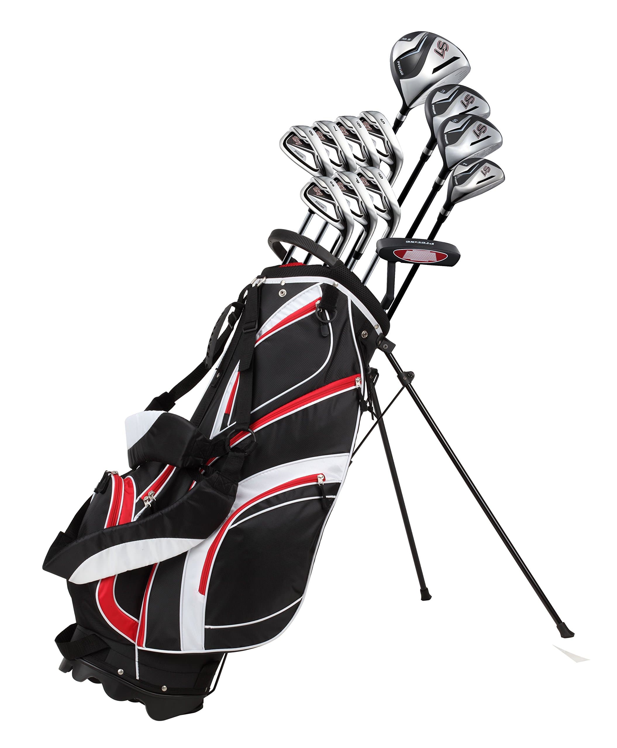 PRECISE 18 Piece Men's Complete Golf Club Package Set With Titanium Driver, #3 & #5 Fairway Woods, #4 Hybrid, 5-SW Irons, Putter, Stand Bag, 4 H/C's - Choose Color & Size Regular Size red