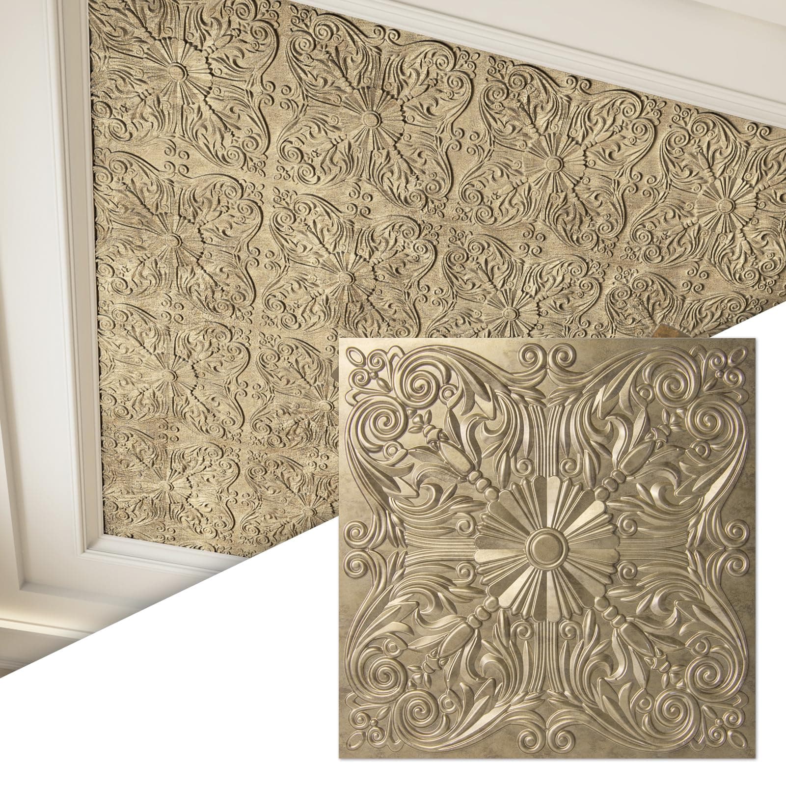 Art3d 12-Pack PVC Drop Ceiling Tiles (48 Sq.Ft), 24"x24" Decorative Panels for Home and Office, 2ft x 2ft, Floral Gold