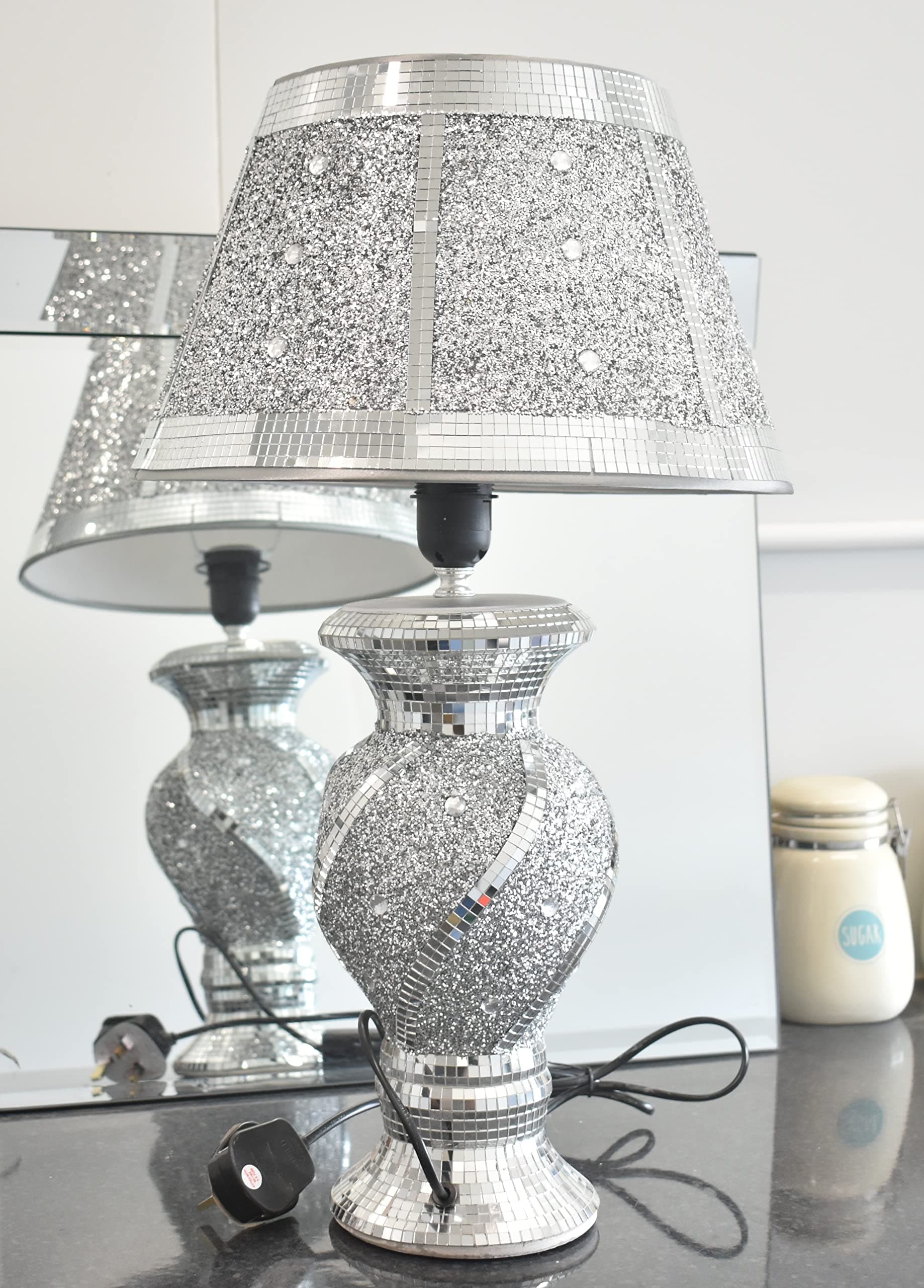 DEENZ Silver Glitter Crushed Diamond Table with Lamp Shade Ornament Home Gift Diamante with Wavy Design