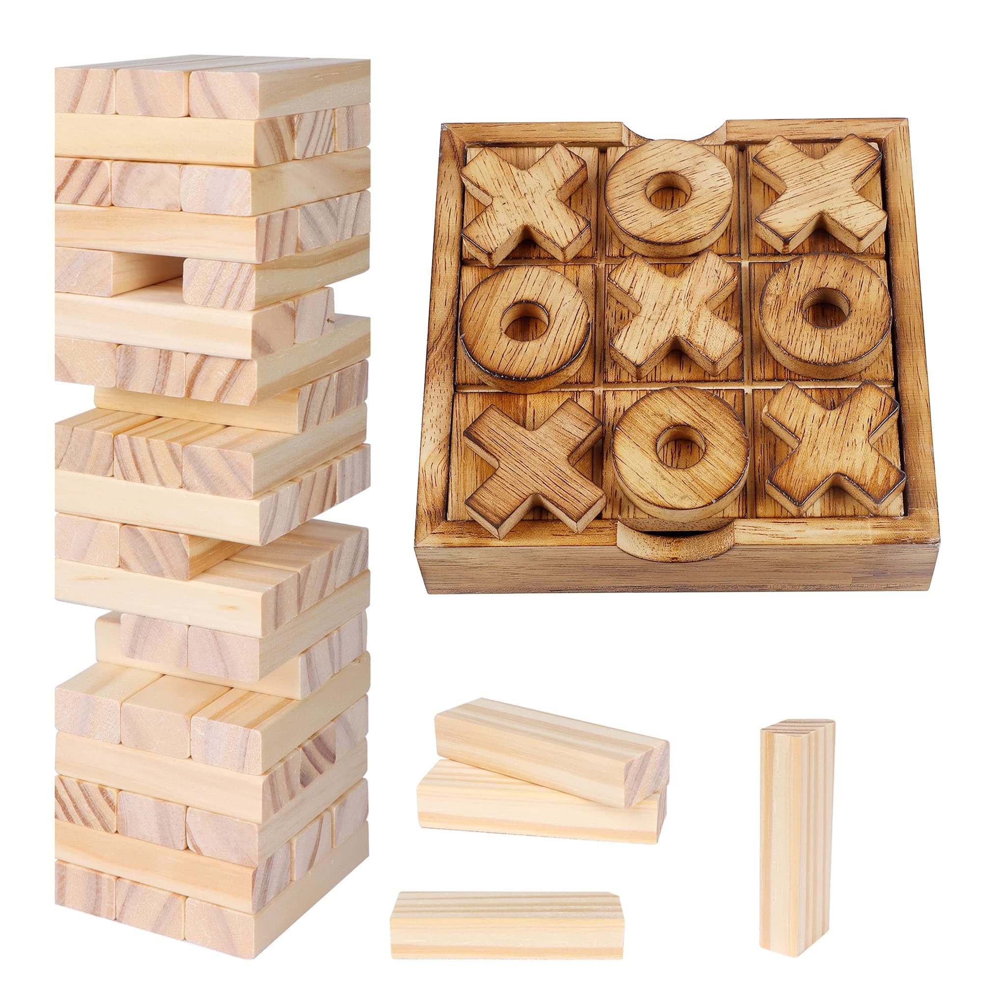 Tic Tac Toe & Tumble Tower Blocks Tables Game Set, Classic Wood Stacking Game & XOXO Board Games for Kids Family, Living Room Rustic Coffee Table Decor, Travel Strategy Board Games