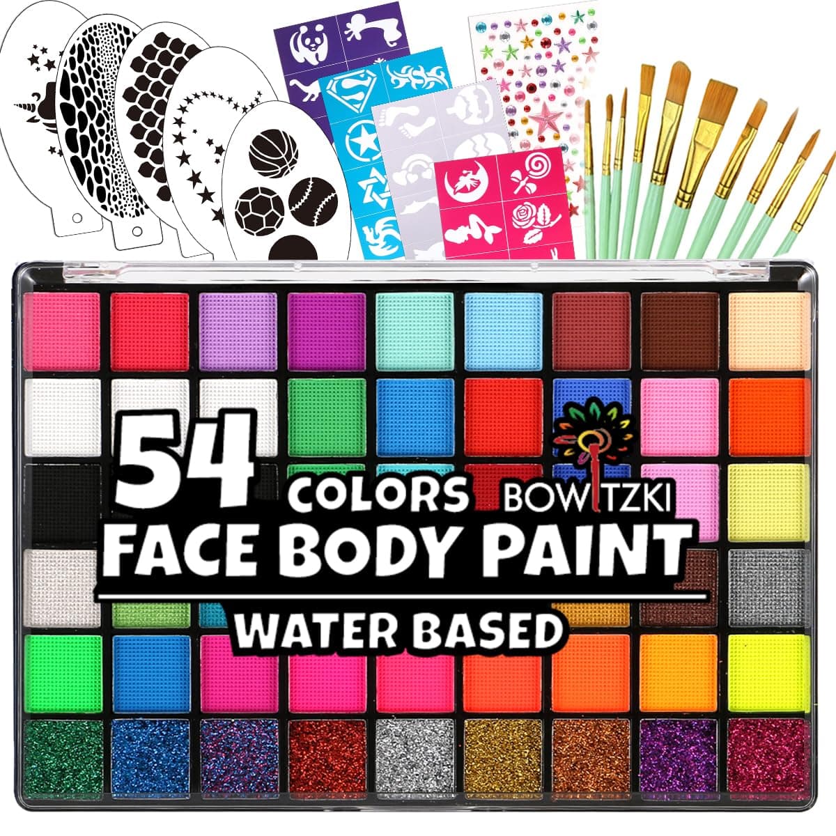 Face Paint Kit with 54 Colors, 8 sheets Stencils, 2 Glitters,10 Brushes, 1 Sheet Gems, Water Based Face Painting Kit, Safe Professional Halloween Party Makeup Set