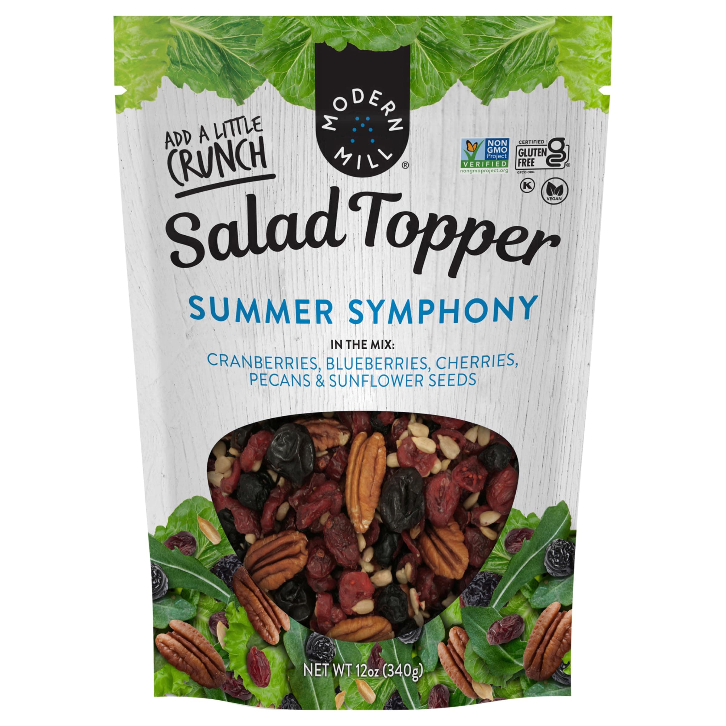 Modern Mill Summer Symphony Mixed Salad Topper By Gourmet Nut - Dried Cranberries,Blueberries,Pecans,Cherries & Sunflower Seeds - Gluten Free,Kosher,Dried Fruit & Nuts Vegan Snack -12oz Resealable Bag
