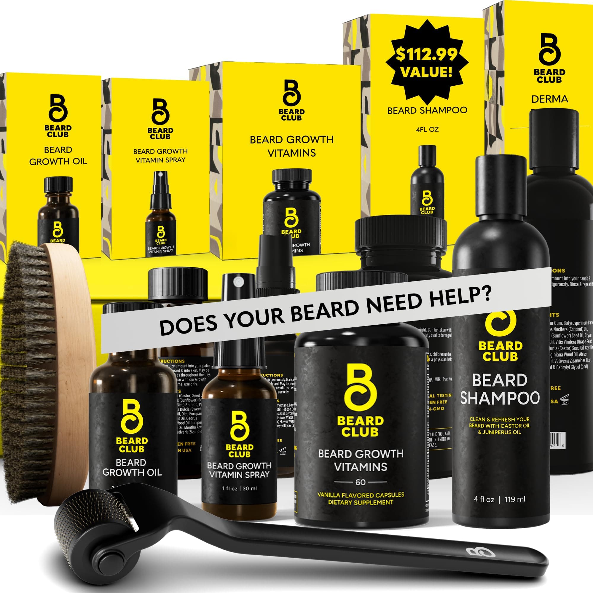 Advanced Beard Growth Kit - Derma Roller, Growth Oil, Vitamins and Vitamin Spray, Shampoo and Boar Bristle Brush - Gift Set - Cedar