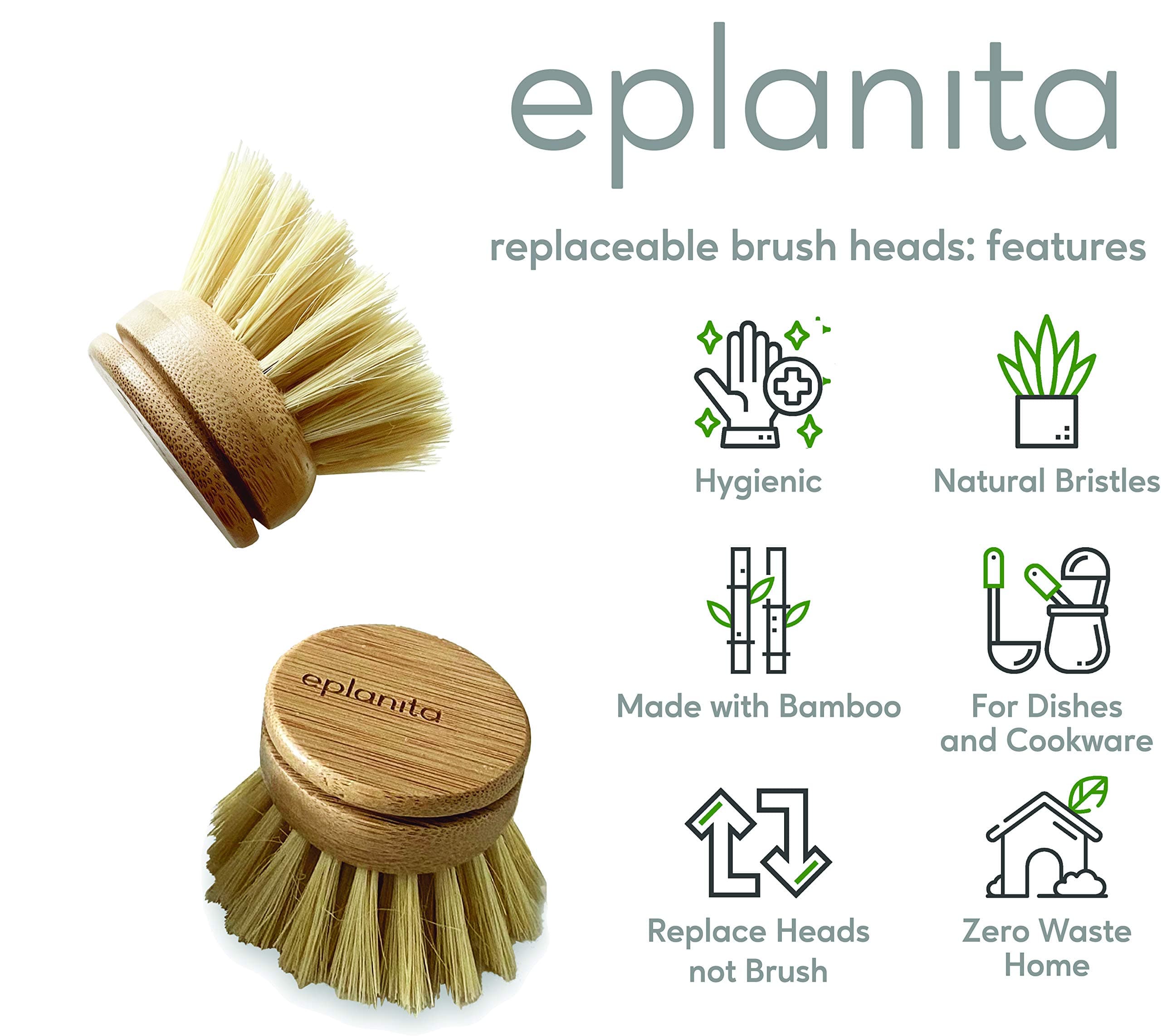 eplanita Replacement Brush Heads for Bamboo Dish Brush (Pack of 4), Sisal Bristle Refills, Agave Cactus Fibres, Kitchen Eco Scrubber, Plastic Free Washing Up, Zero Waste Cleaning