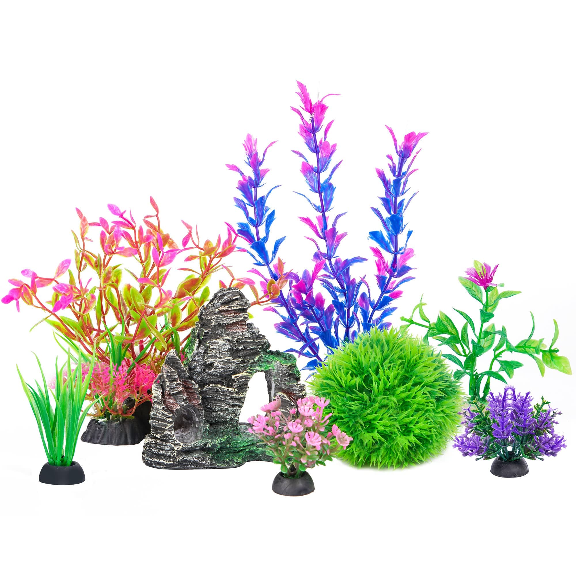 Ameliade Aquarium Artificial Plastic Plants Decorations and Rock Cave Decor Set Goldfish Betta Fish Tank Accessories Small Large Fish Bowl Ornaments