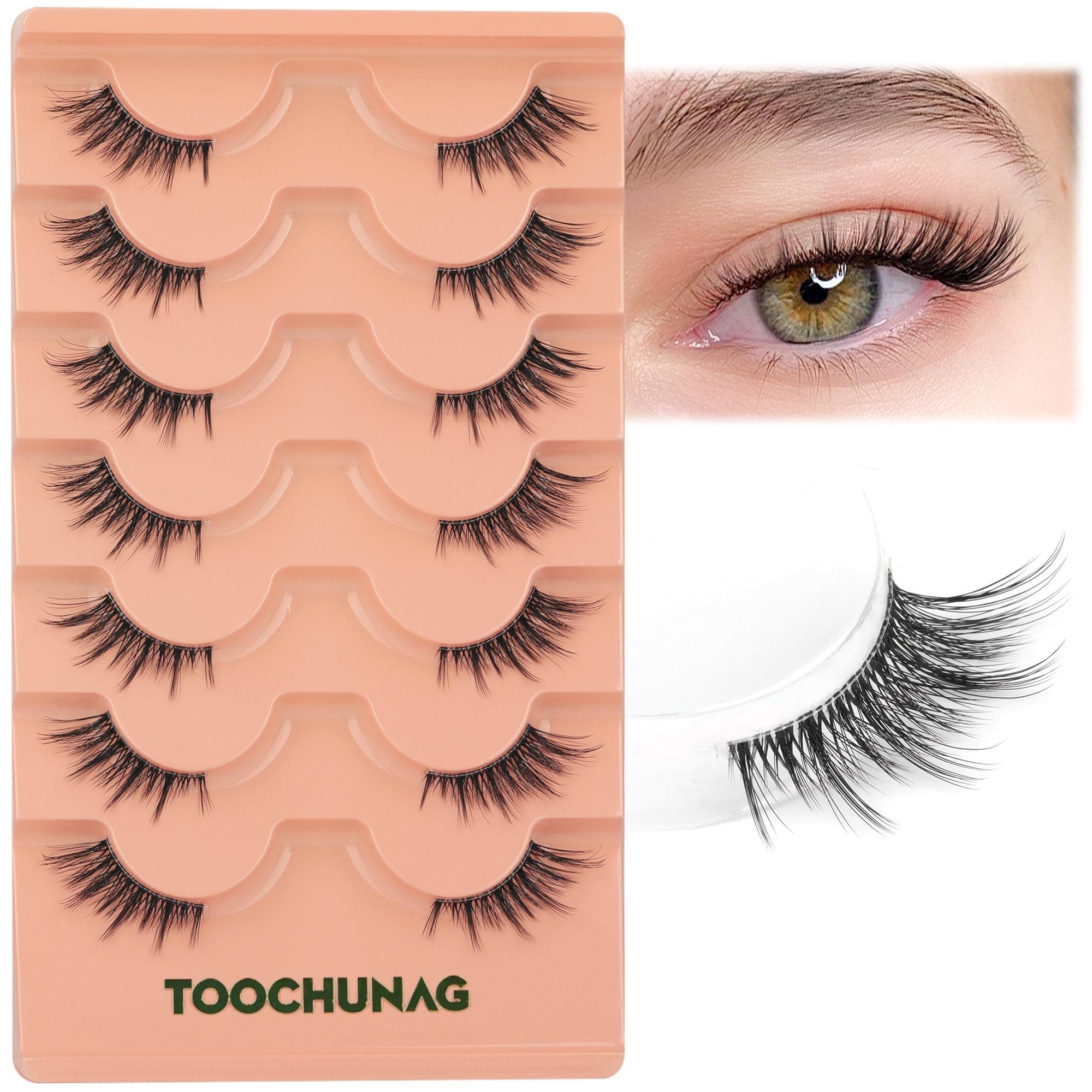False Eyelashes Natural Half Lashes Wispy Manga Lashes C Curl Light Fake Eyelashes 7 Pairs Clear Band Pestañas Postizas by TOOCHUNAG