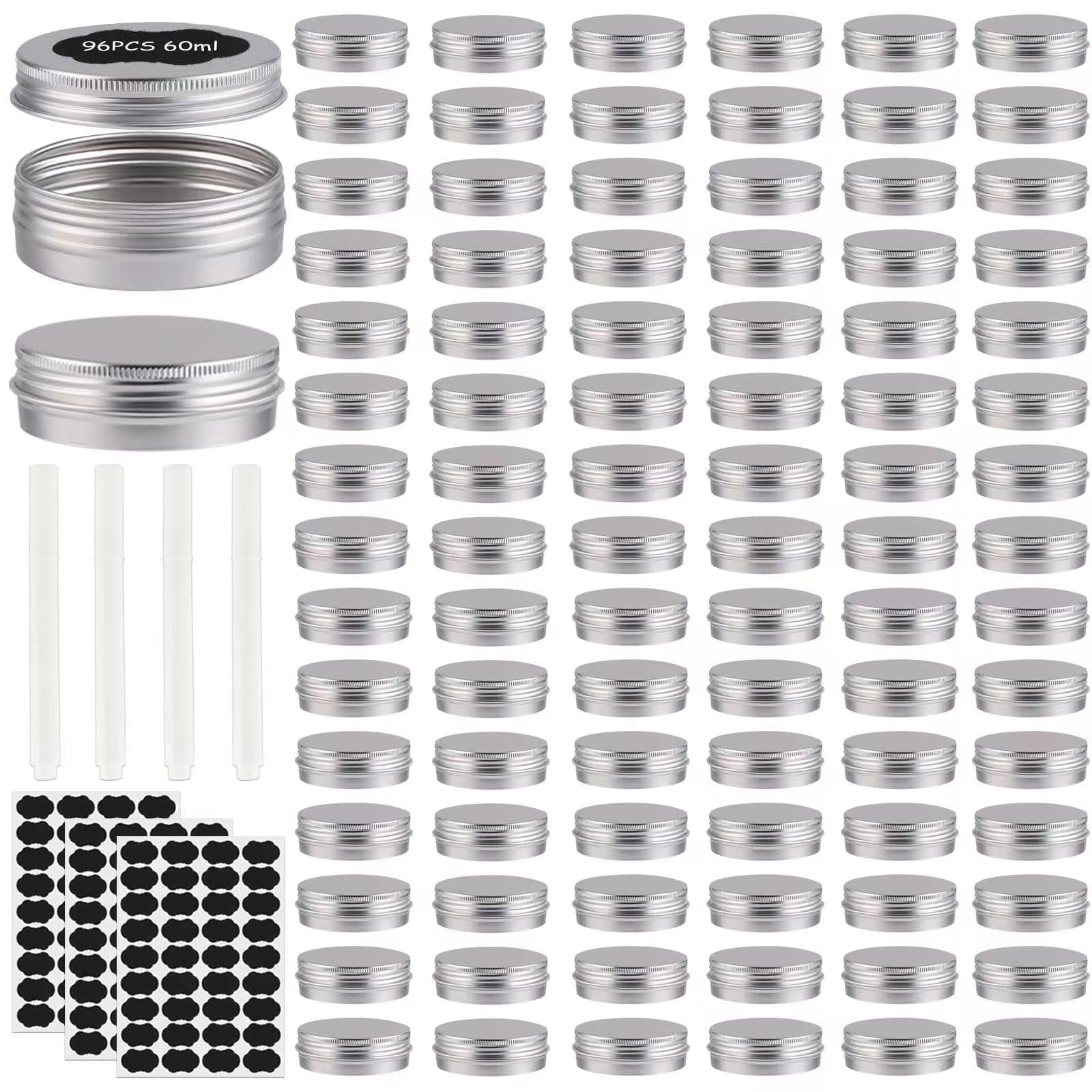 96 Pack Round Cans with Screw Lid 2 Oz Aluminum Metal Tins DIY Food Candle Containers for Lotion Bars, Balms, Salve, Spices, Beard Balm, Crafts with 4 Markers 3 Sheets Label Stickers (Silver)