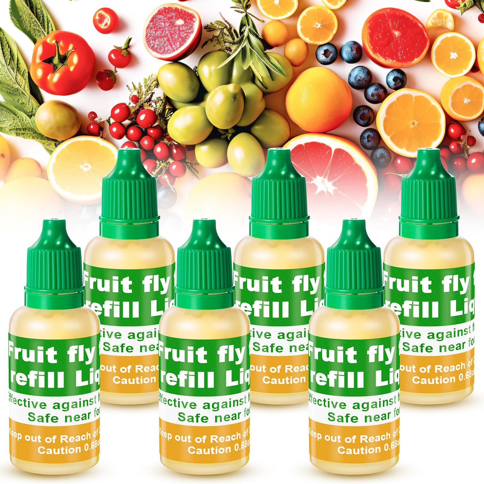 Qualirey 6 Pack Fruit Fly Trap Refill Liquid, 0.68oz Per Bottle Liquid Fruit Fly Traps for Indoors, Non Toxic Bait Safe Near Pets, Food and Kids, Lure Refill for Home Kitchen