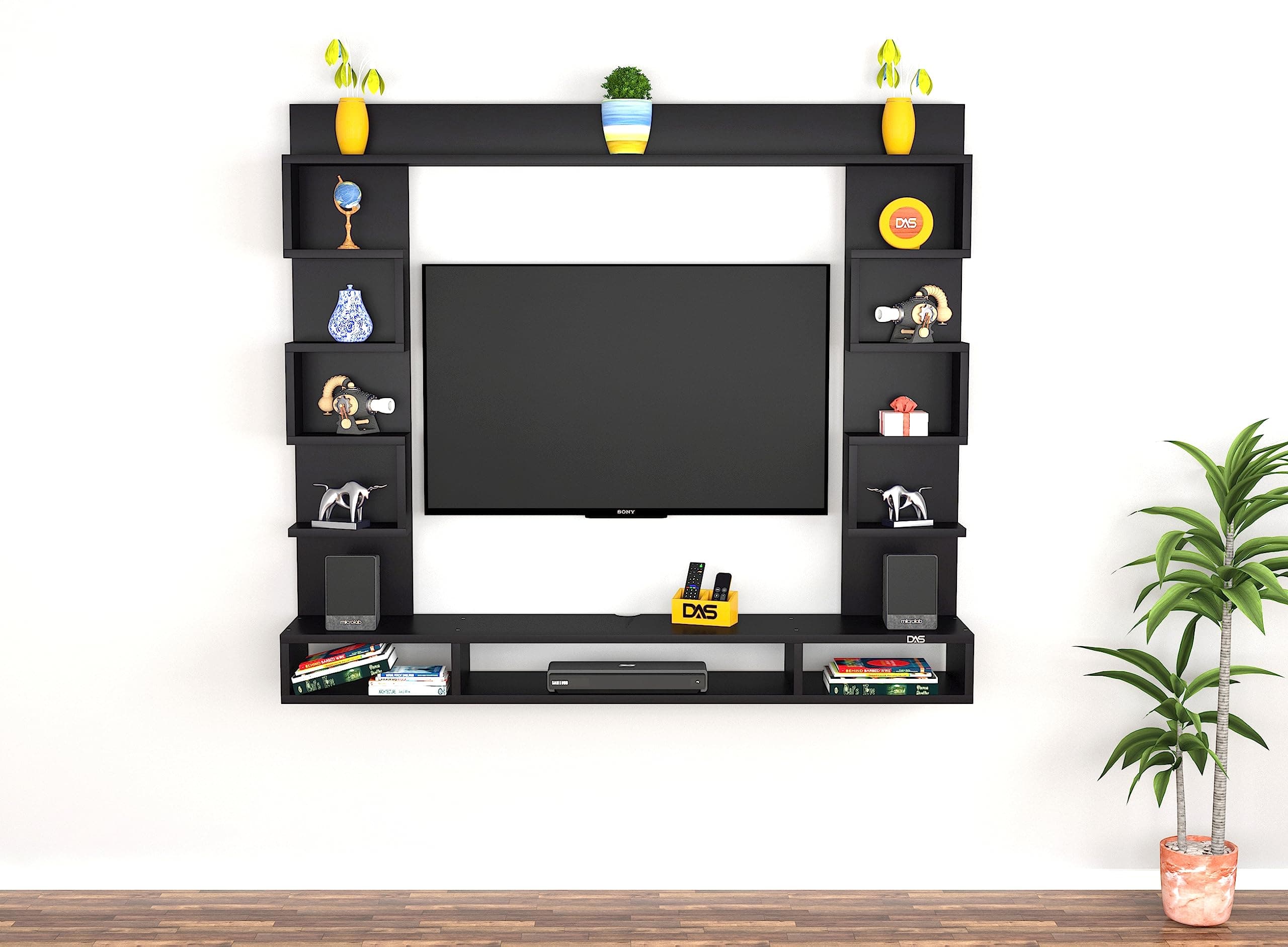 DAS Heller MINI Wall Mount Engineered Wood TV Entertainment Unit/Tv Rack Set to Box Stand with Wall Shelves for Living Room Black Finish (Ideal for up to 32") Screen