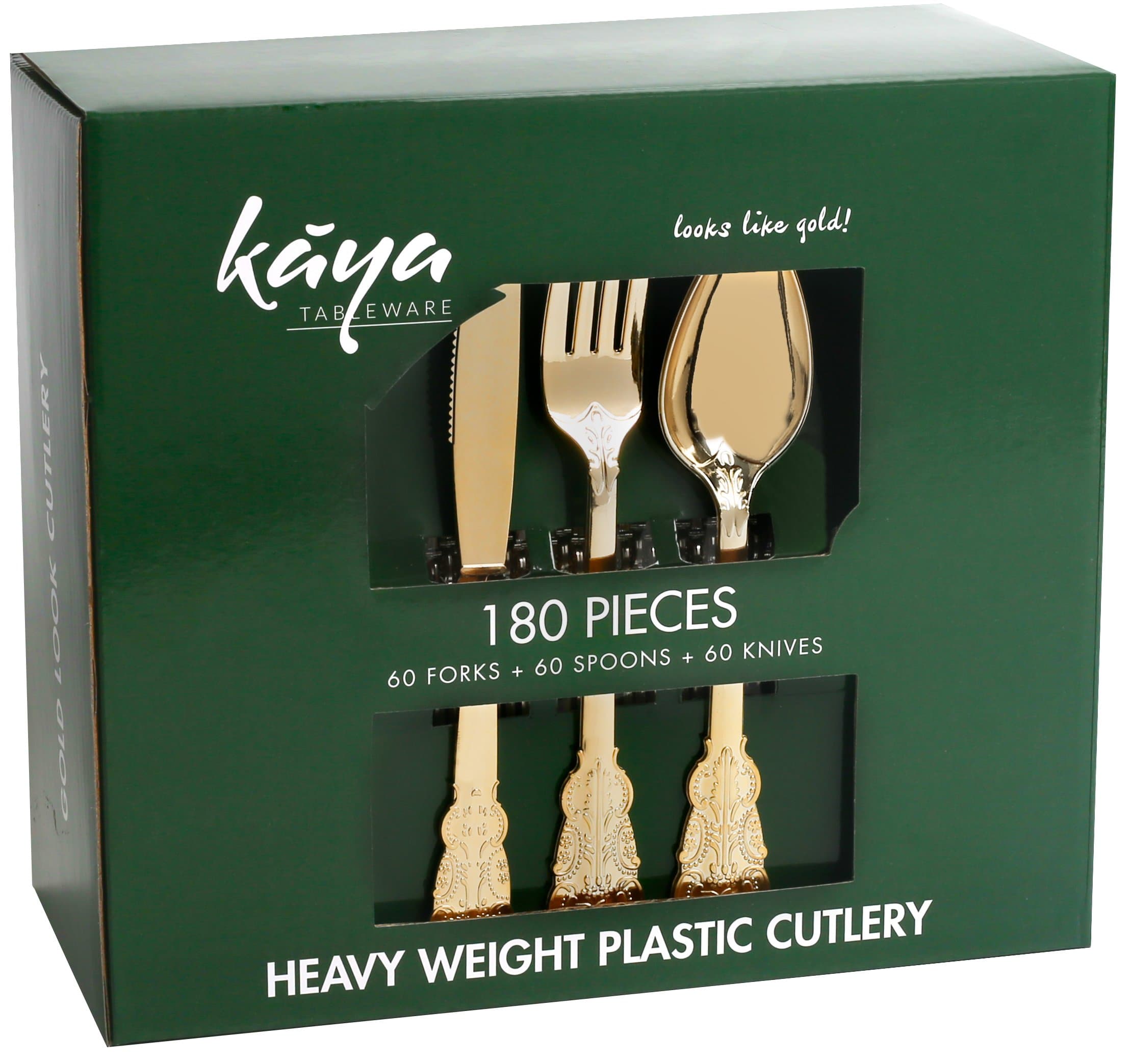 Kaya Collection - Plastic Silverware Set - Gold Cutlery - Disposable Flatware, 60 Forks, 60 Knives and 60 Spoons Baroque Design (180 Pieces)