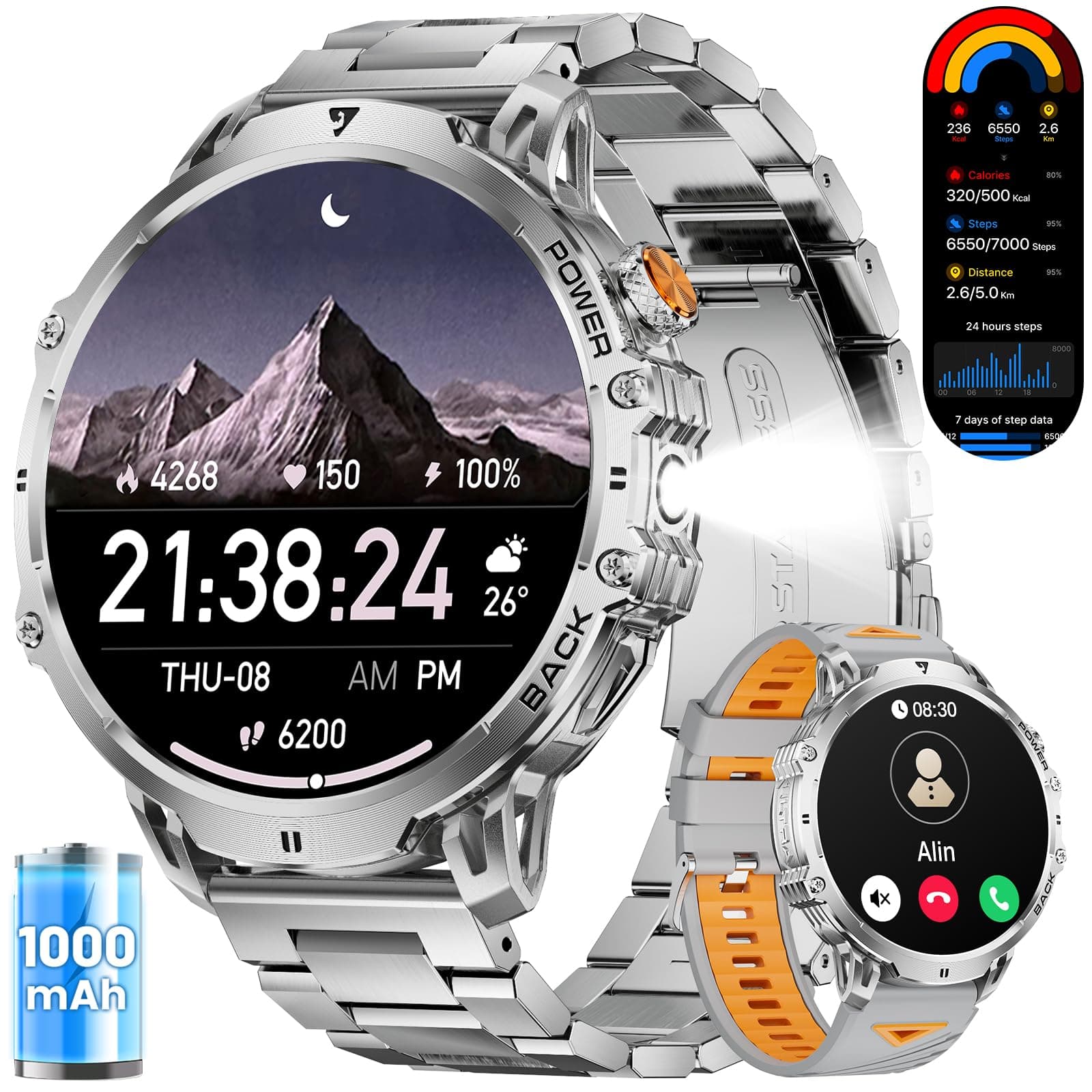 LIGE Smart Watch with 1.85" HD Large Screen, Android iPhone Smart Watches for Men with 1000mAh Battery/LED Flashlight/50M Waterproof/,120+ Sports Fitness Tracker Watch, Silver (Double Straps)
