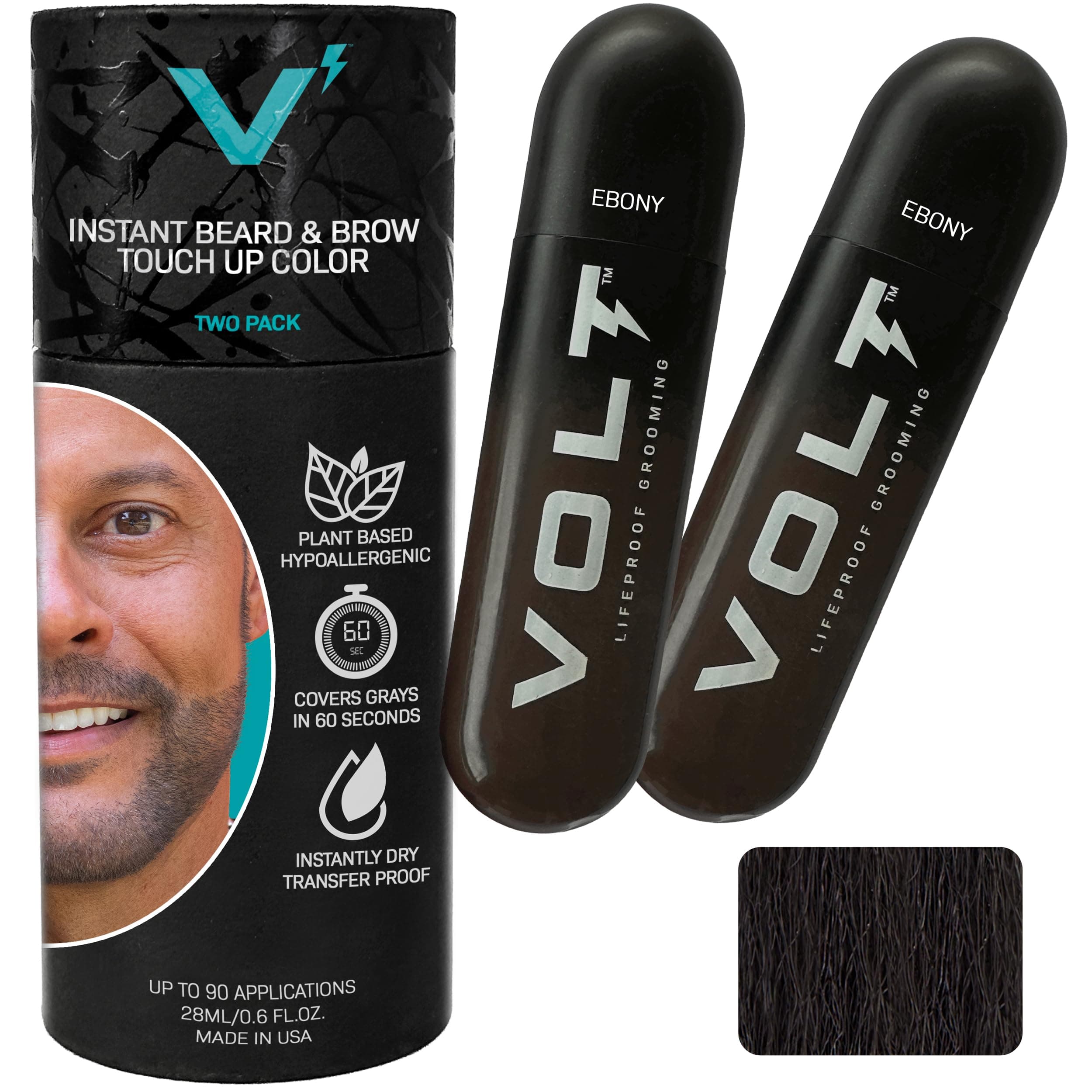 VOLT Grooming Temporary Instant Beard Color for Men Quick-Dry Plant-Based Brush On Beard, Hair, Mustache & Brow Color, For Sensitive Skin, Ebony Brown Black, 2-Pack Refill, 90+ Applications