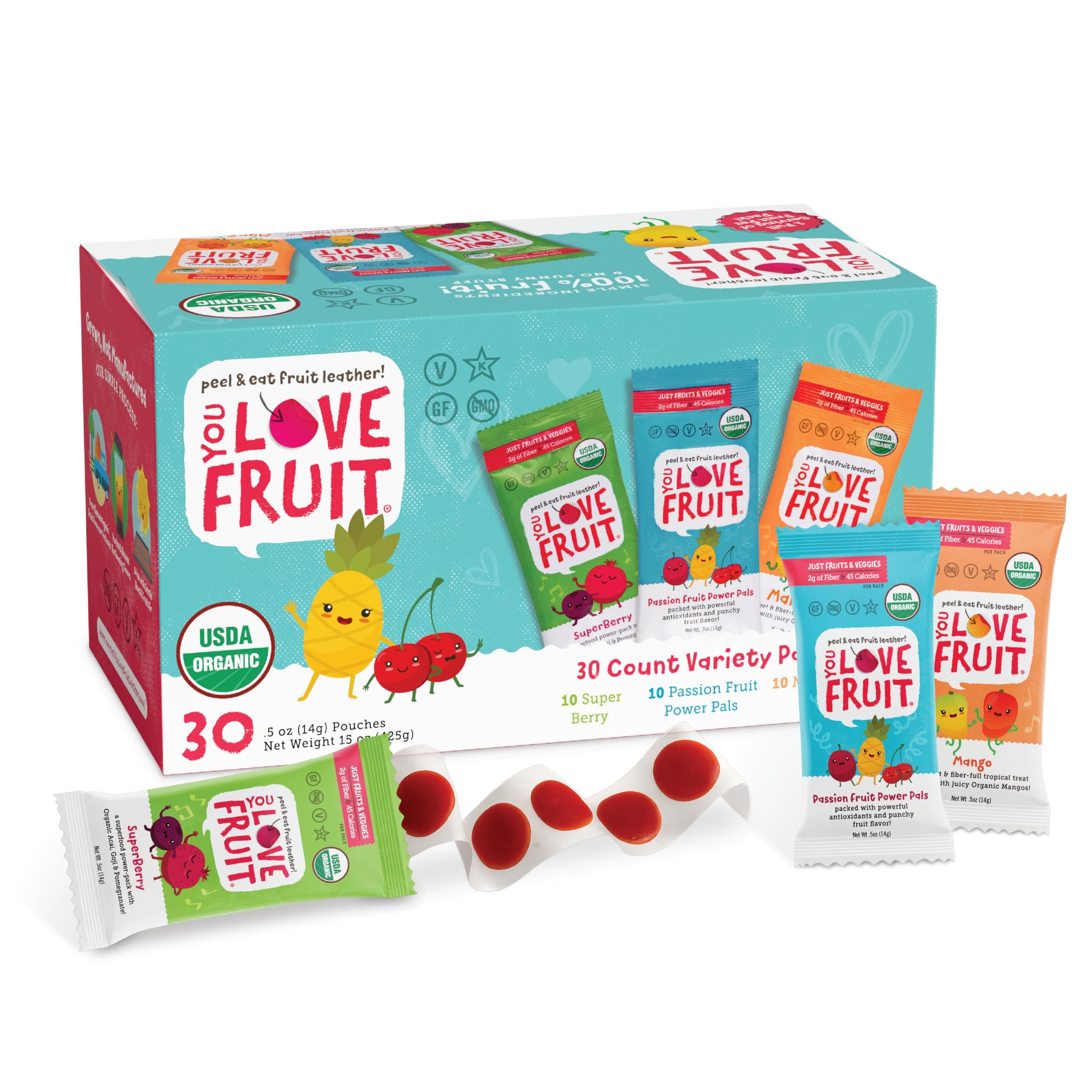 YOU LOVE FRUIT - Fruit Snacks Variety Pack 30 count, 100% Natural Gluten-Free, Vegan, Low Carb, Low Fat Fruit Kosher Snacks for Kids, College Students, Teachers and Offices, Healthy Fruit Snacks (passion fruit, super berry, mango)