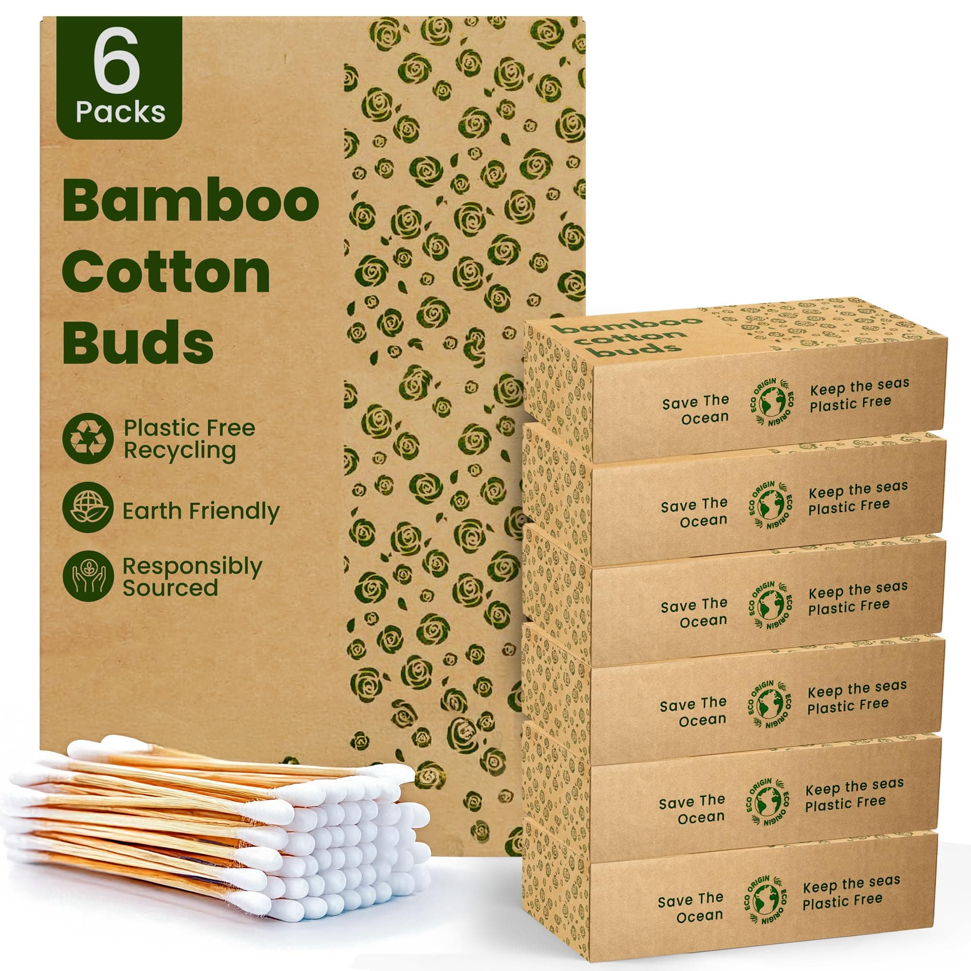 Eco Origin 600 Bamboo Cotton Buds |100% Eco-Friendly Biodegradable | Cotton Wool Buds Q Tips | Compostable Bamboo Earbuds | Recycled Plastic Free Packaging | 6x100 Ear Buds Cotton… (600 Count)