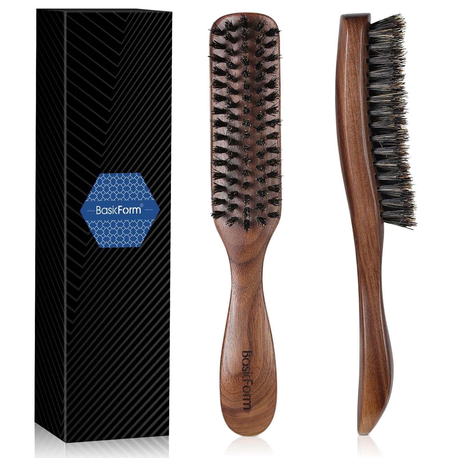 BasicForm Wild Boar Bristle Hair Brush for Men, Stiff Bristles, with Black Walnut Wooden Handle for Thick Hair