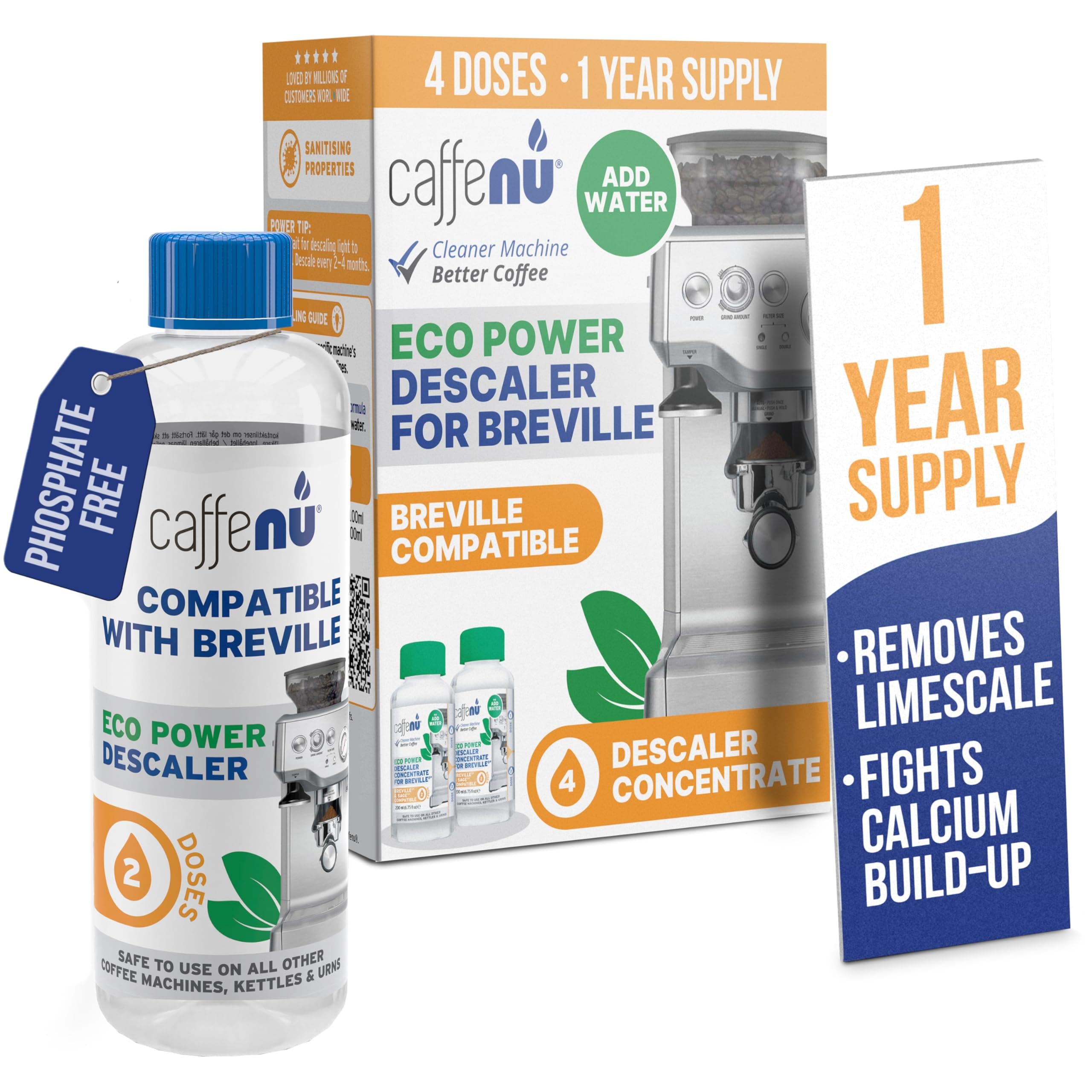 Caffenu Descaling Solution for Sage Machines (2 bottles - 4 Uses). Sage Descaler Compatible with Sage, Breville & All Other Espresso Machines. Removes Limescale