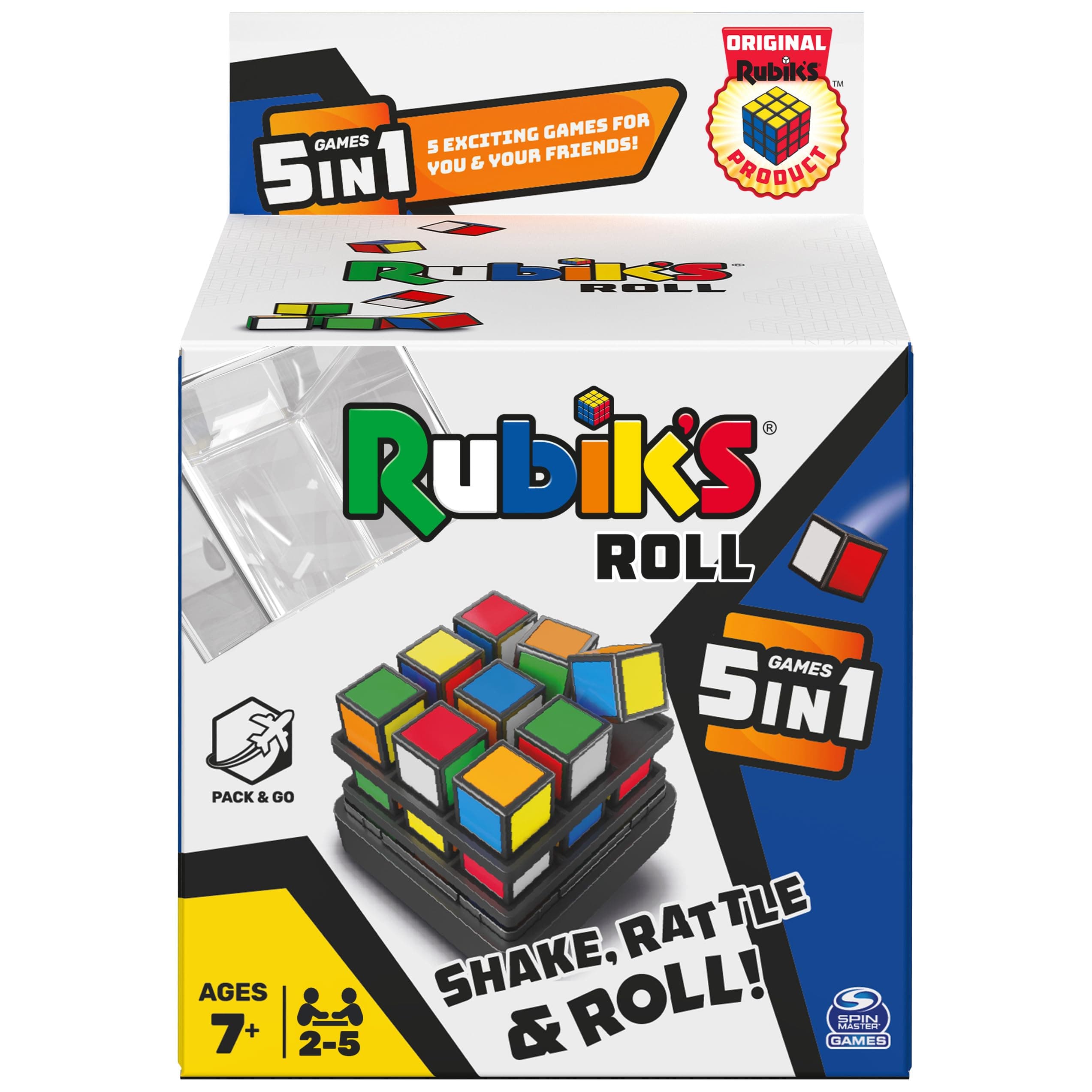 Rubik's Roll 5-in-1 Dice Game Pack & Go Travel Size Multiplayer Colorful Road Trip Board Game for Kids & Adults Ages 7+