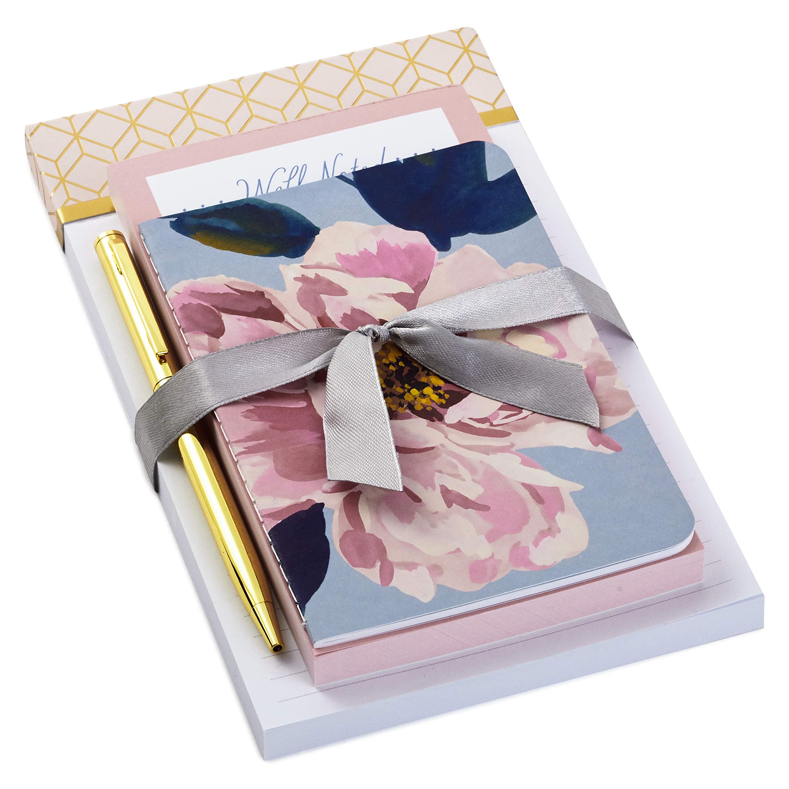 Hallmark Notepad Bundle with Pen, Pretty Pinks (3 Notepads in Assorted Sizes with Gold Pen), 5STZ5086