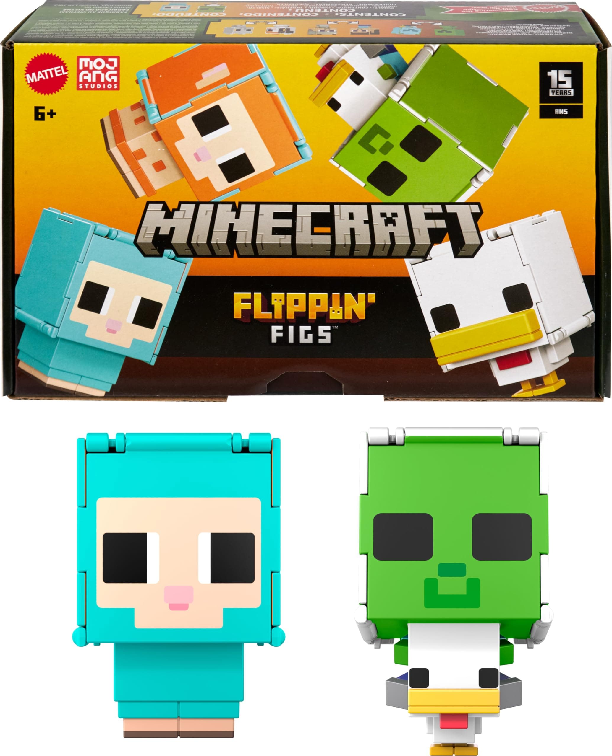 Minecraft Flippin’ Figs 2-Pack Action Figures, Set with Sheep & Chicken Jockey with 2-in-1 Fidget Play, 3.75-inch Scale, Large Heads & Pixelated Design