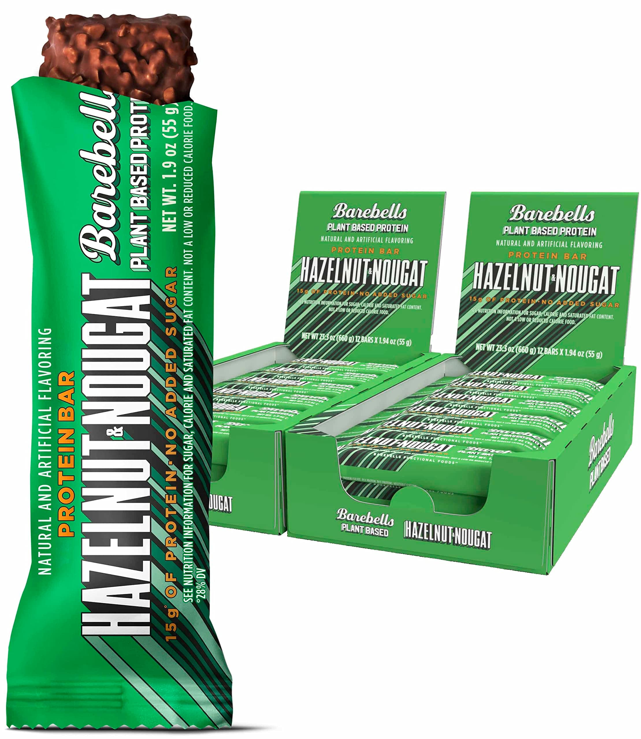 Barebells Vegan Protein Bars Hazelnut & Nougat - 12 Count, Pack of 2 - Plant Based Protein Bar with 15g of High Protein - Chocolate Protein Snacks with 1g of Total Sugars - On The Go Breakfast Bars