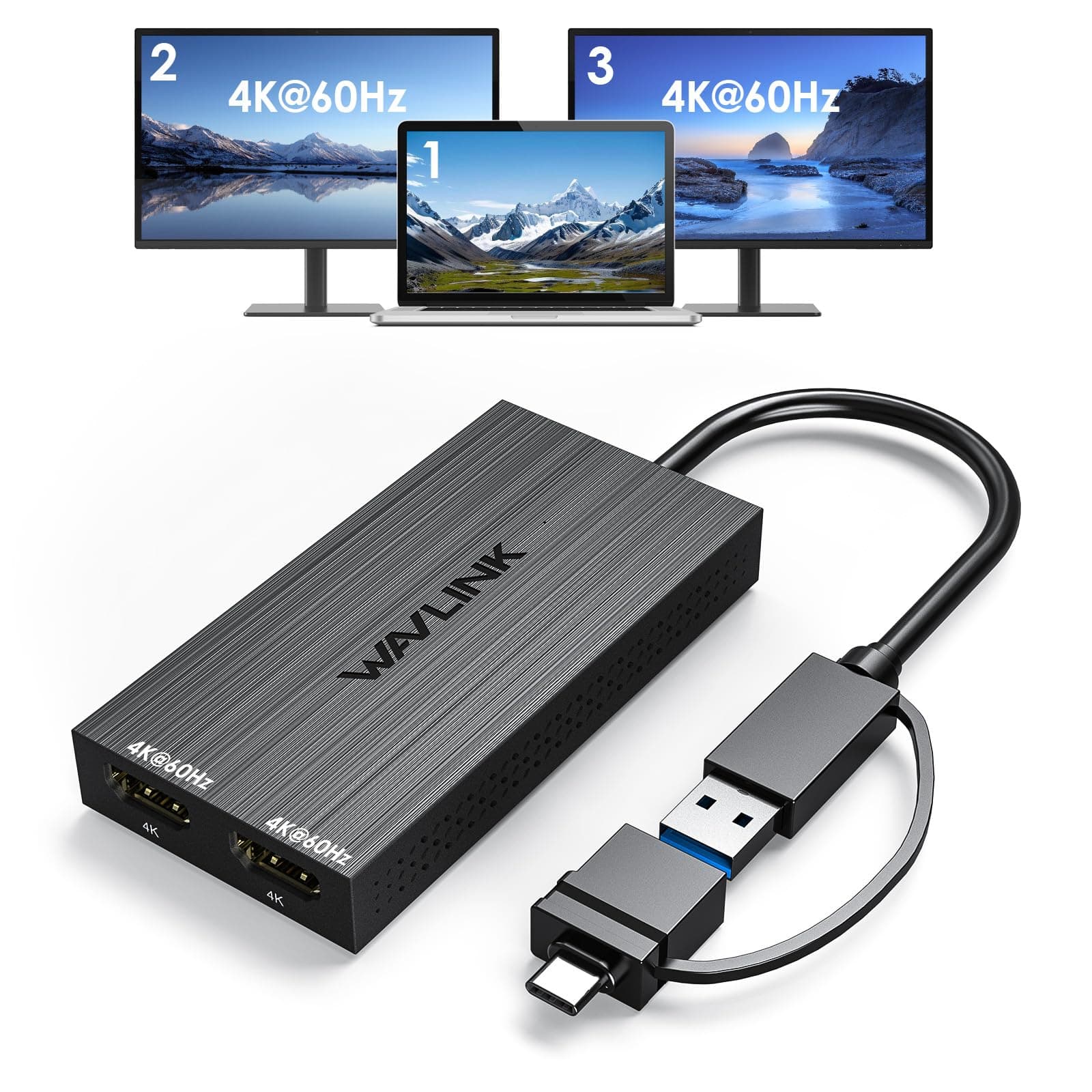 USB 3.0 or USB C to Dual HDMI Splitter Extended Display for Dual Monitor, Displaylink Adapter Dual HDMI 4K 60Hz for Apple Mac M1/M2/M3 or Windows 10/11, USB A/C to HDMI 4K Output