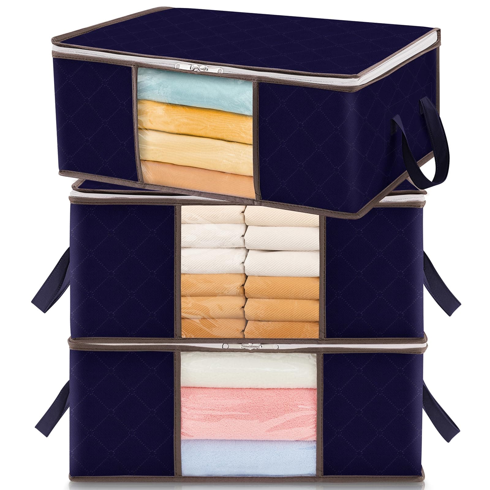 Lifewit 35L Clothes Storage Bag Foldable Storage Boxes with Lids Underbed Wardrobe Storage Organiser with Sturdy Fabric Clear Window for Clothing Bedding Sweaters T-shirts Blankets, 3 Pack, Blue