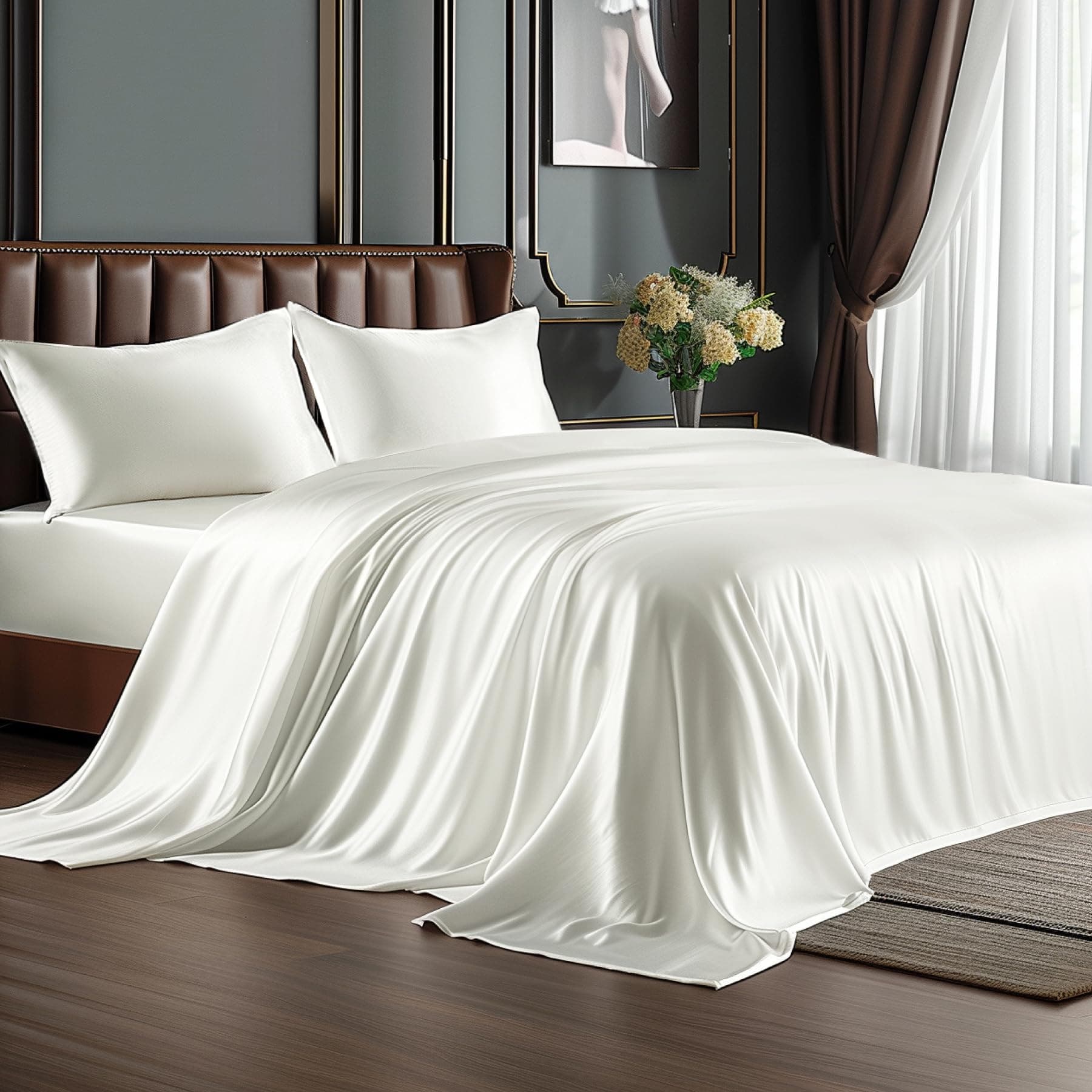 BEDELITE Satin Sheets Queen Size Bed Set, Luxury Soft Ivory White Silky Sheets for Hair and Skin, Similar to Silk Bed Sheets Set 4 Pieces (1 Deep Pocket Fitted Sheet, 1 Flat Sheet, and 2 Pillowcases)