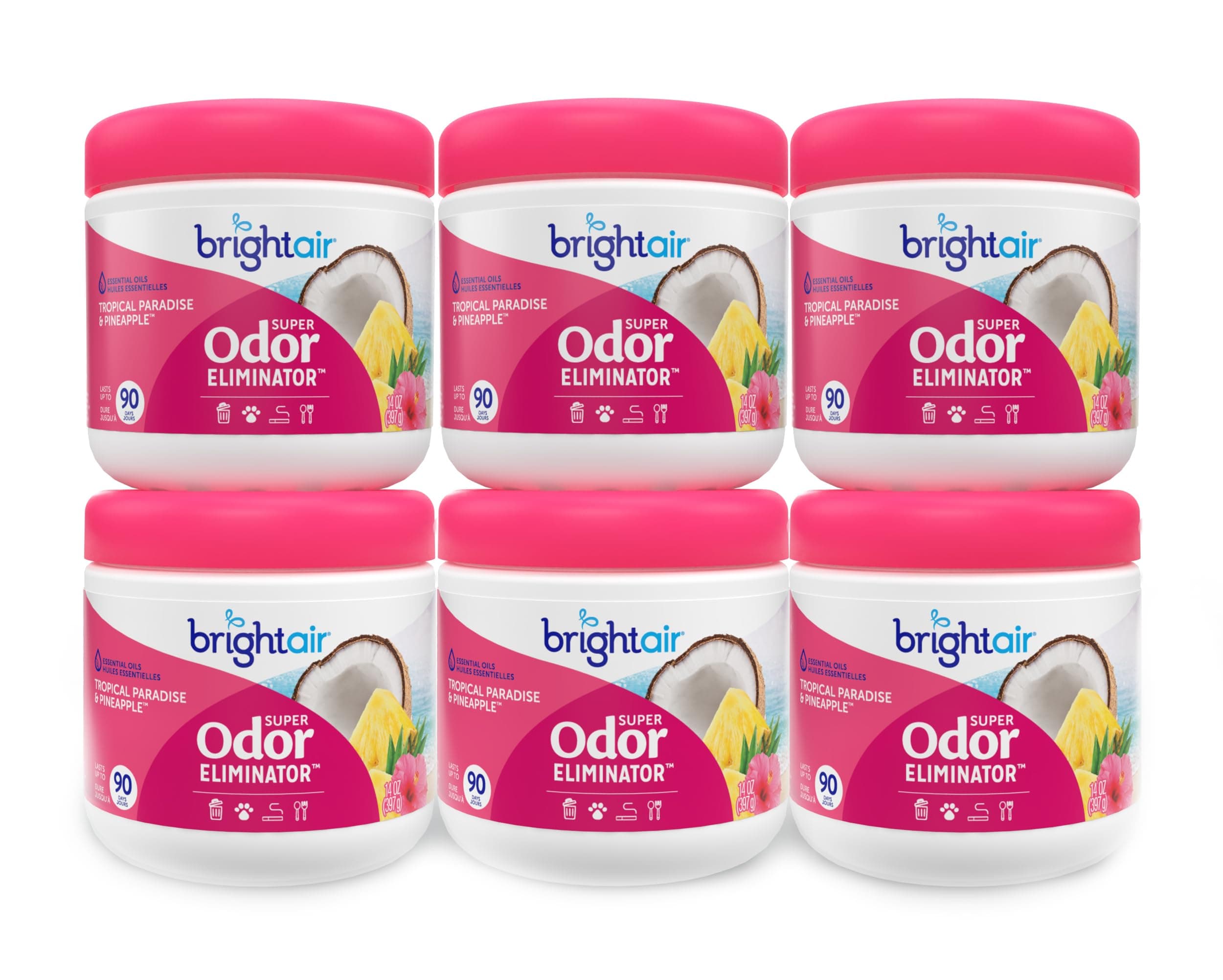 Bright Air 14 oz. Super Odor Eliminator, For Medium-Size Spaces, Tropical Paradise & Pineapple Scent, Case of 6, Air Freshener, Natural Essential Oils, Lasts Up to 90 Days Each