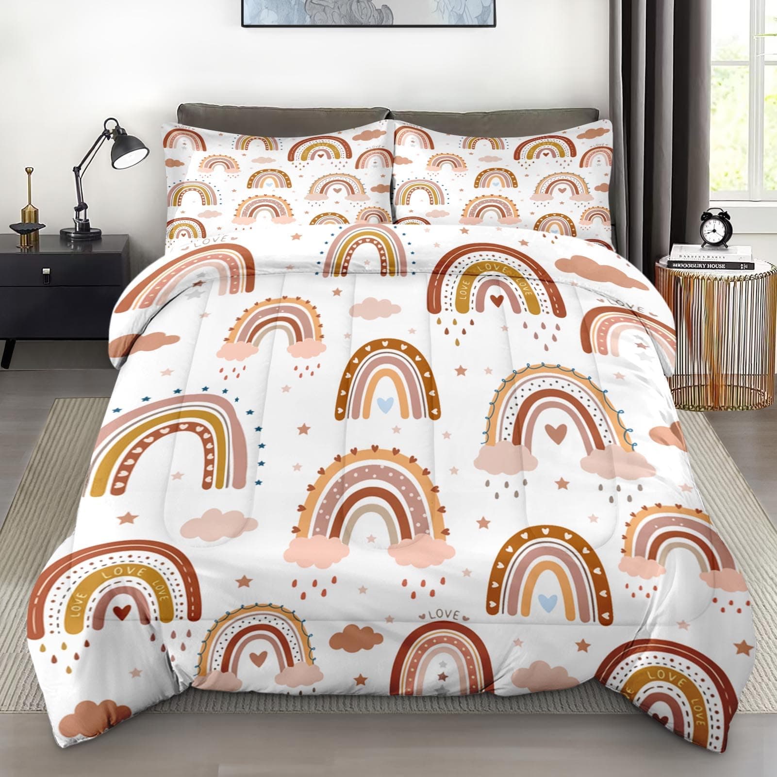 Comforter Set Twin Size, Boho Rainbow Pink Soft 2 Pcs Bedding for Kids and Adults, Love Colorful Nursery Comforter Set with Pillowcase, for Bedroom Bed Decor