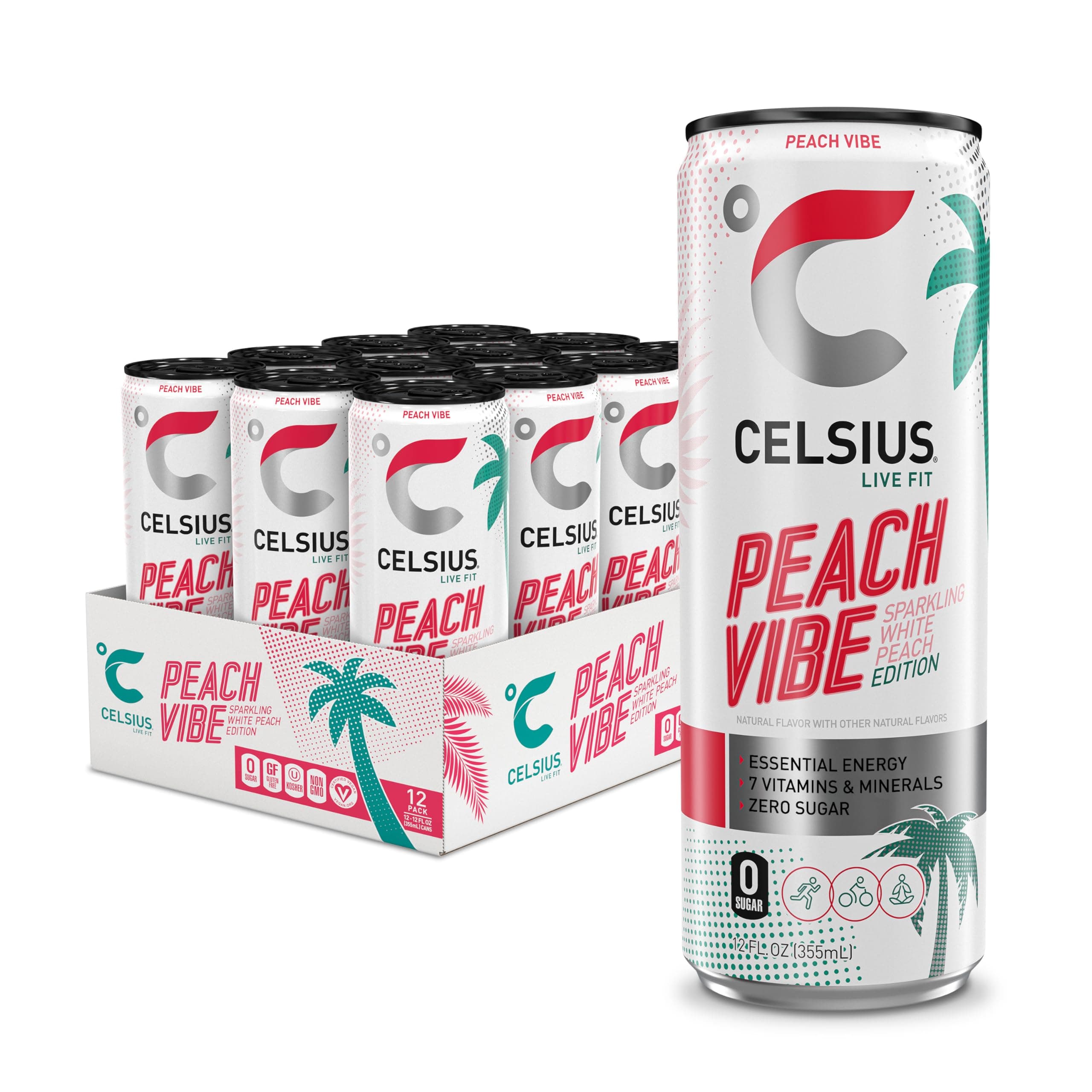 Sparkling Peach Vibe, Functional Essential Energy Drink 12 Fl Oz (Pack of 12)