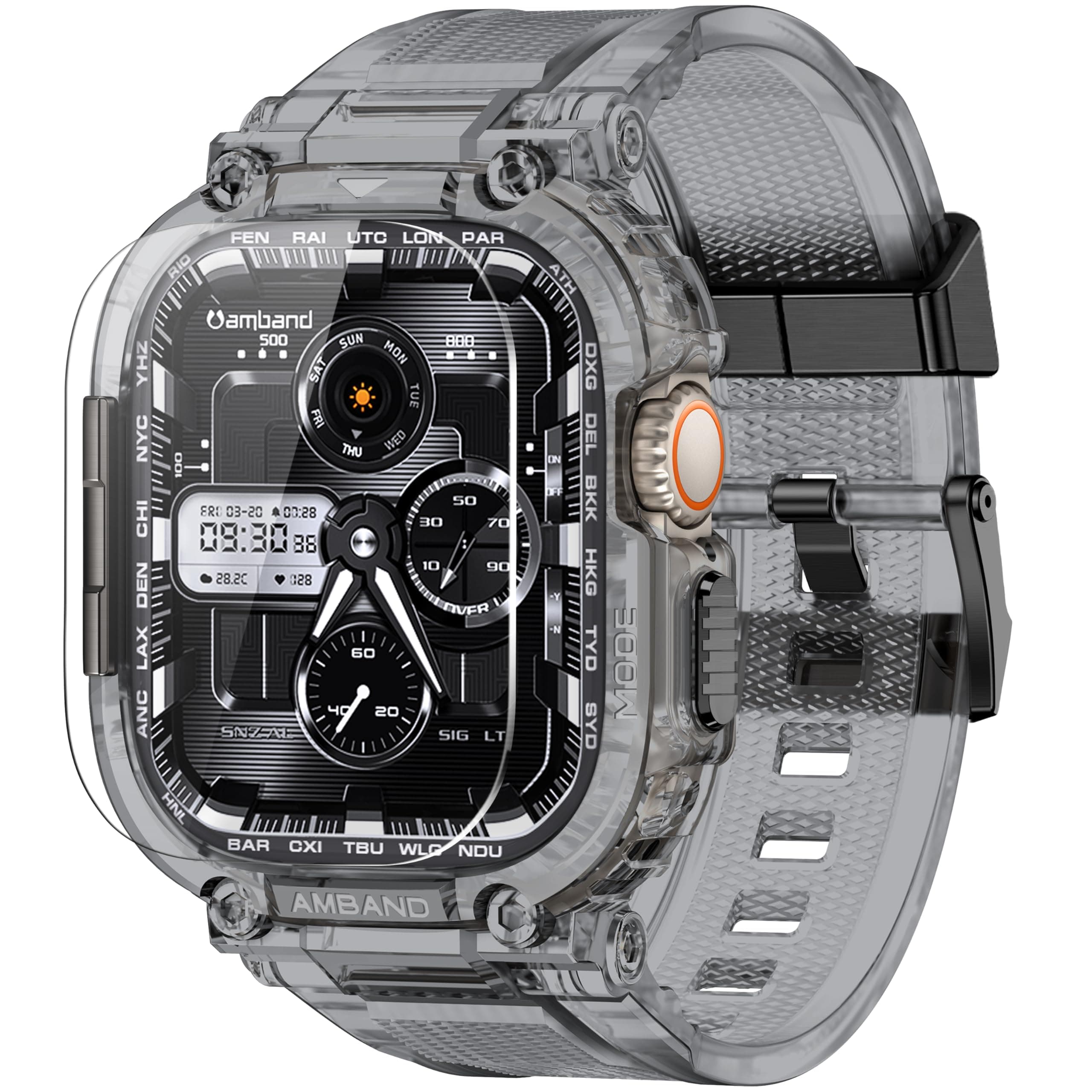 amBand Bands Case Screen Protector Compatible with Apple Watch Ultra 49mm, M1 Sport Series Rugged Cover Strap and 2 Pack Tempered Glass Film, Military Protective Bumper for iWatch 49 mm Men Crystal Black