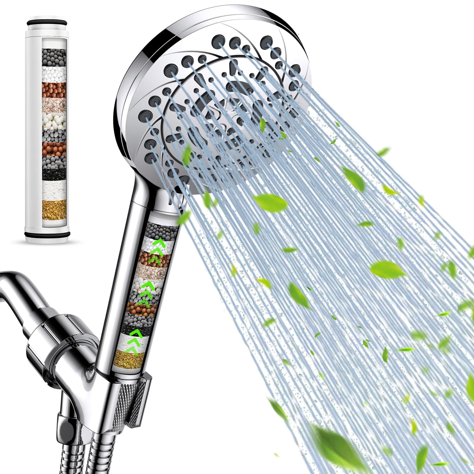 Filtered Shower Head with Handheld, High Pressure 5 Spray Modes Showerhead with Hose, Bracket and 15 Stages Water Softener Filters Beads for Hard Water Remove Chlorine and Harmful Substance