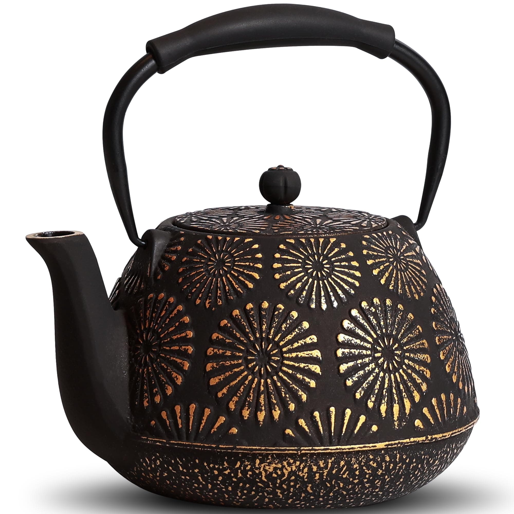 Cast Iron Teapot, 40oz Tea Kettle with Infuser for Stove Top, Sakura Design Japanese Tea Pot for Loose Leaf Coated with Enameled Interior, Silicone Handle 1200ml Black