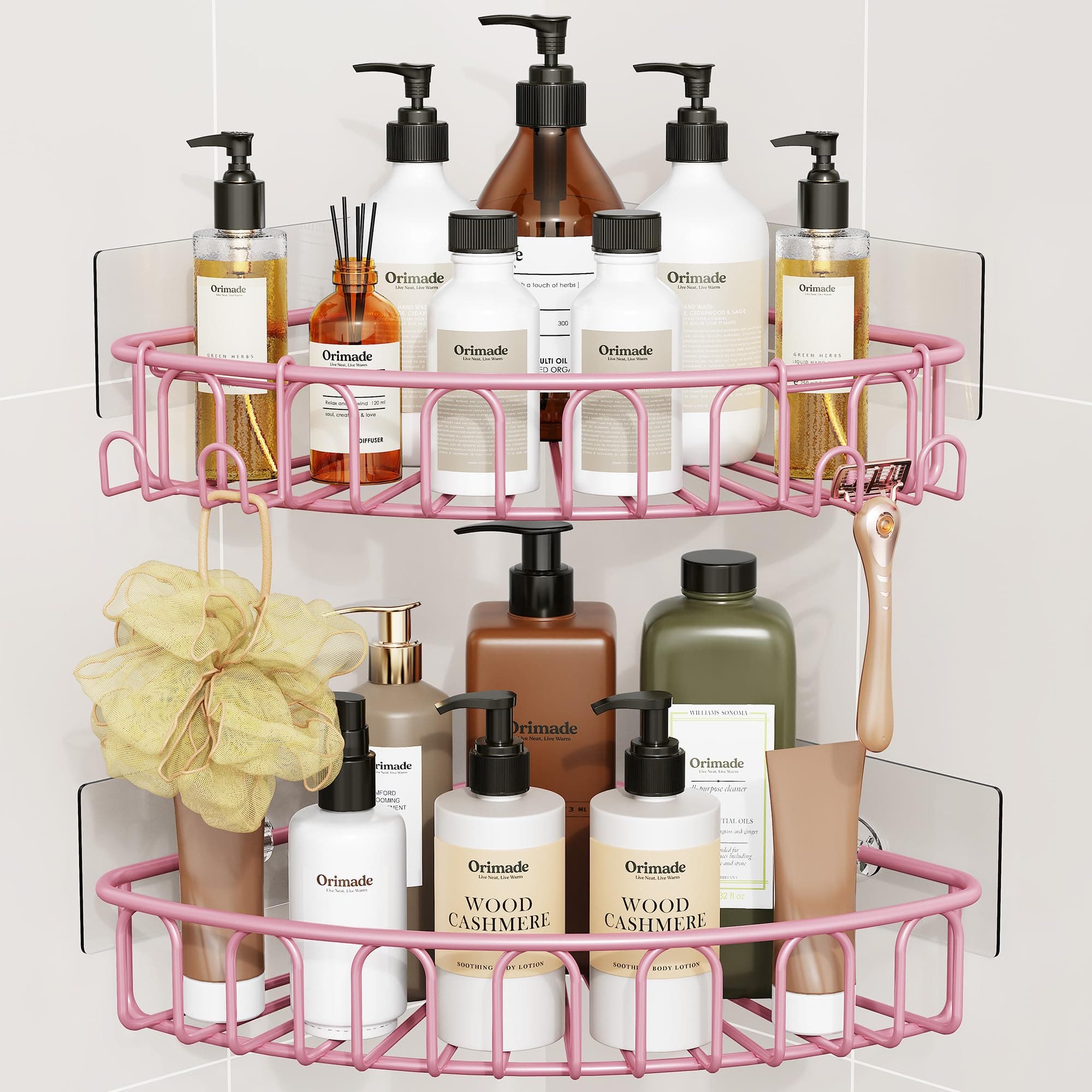 Orimade Corner Shower Caddy with 2 Hooks Wall Mounted Metal Bathroom Shelf Storage Organizer Adhesive No Drilling 2 Pack, Pink Only for 90-Degree Corner