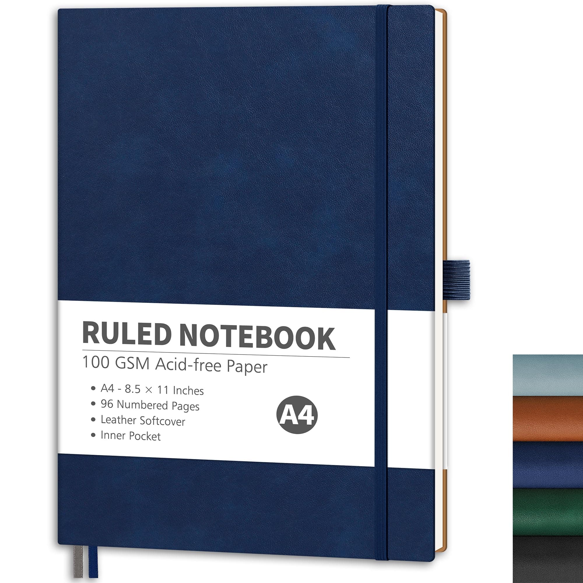 RETTACY Lined Journal Notebook, 96 Numbered Pages, A4 Large Size (8.5'' x 11''), for Men & Women, Journaling, Writing, Work & Office, Leather Softcover, 100 GSM Thick Paper (Navy Blue)