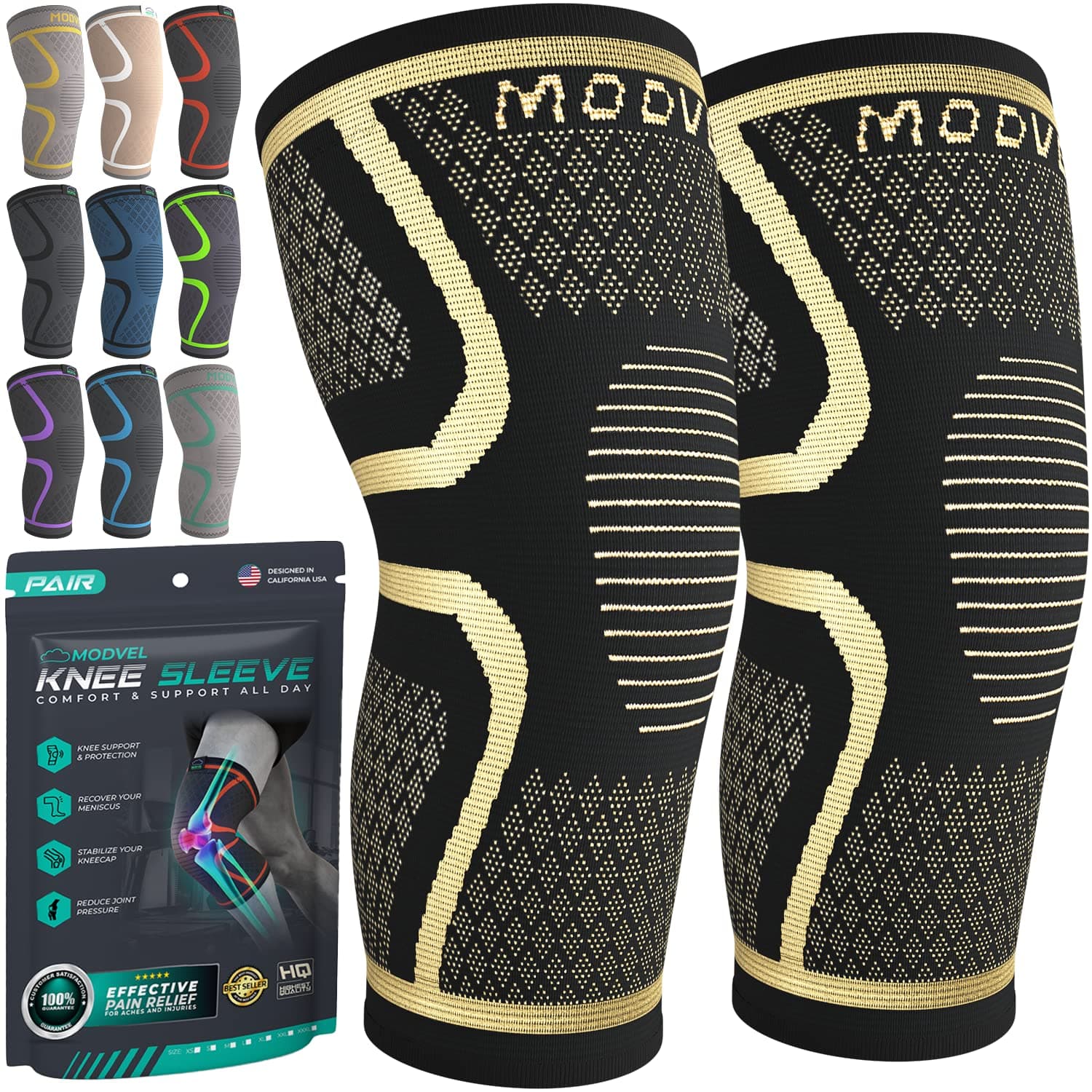 MODVEL Knee Support Compression Sleeve Women & Men - 2 Pack, Running Knee Brace, ACL & Arthritis Pain Relief, Joint Pain, Meniscus Tear, & Every day use (XL)