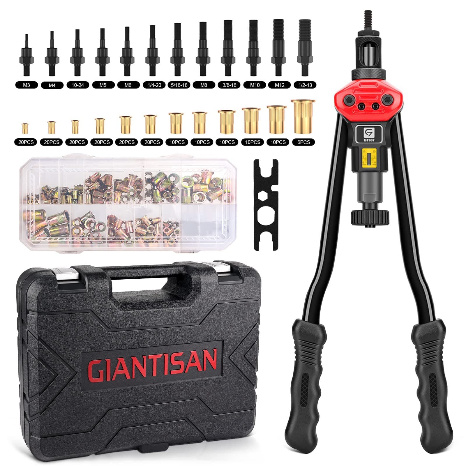 G GIANTISAN Rivet Nut Tool, 16-Inch Rivnut Tool Kit with 12 Metric and SAE Mandrels, 176Pcs Rivet nut Assortment Kit, and Rugged Carrying Case
