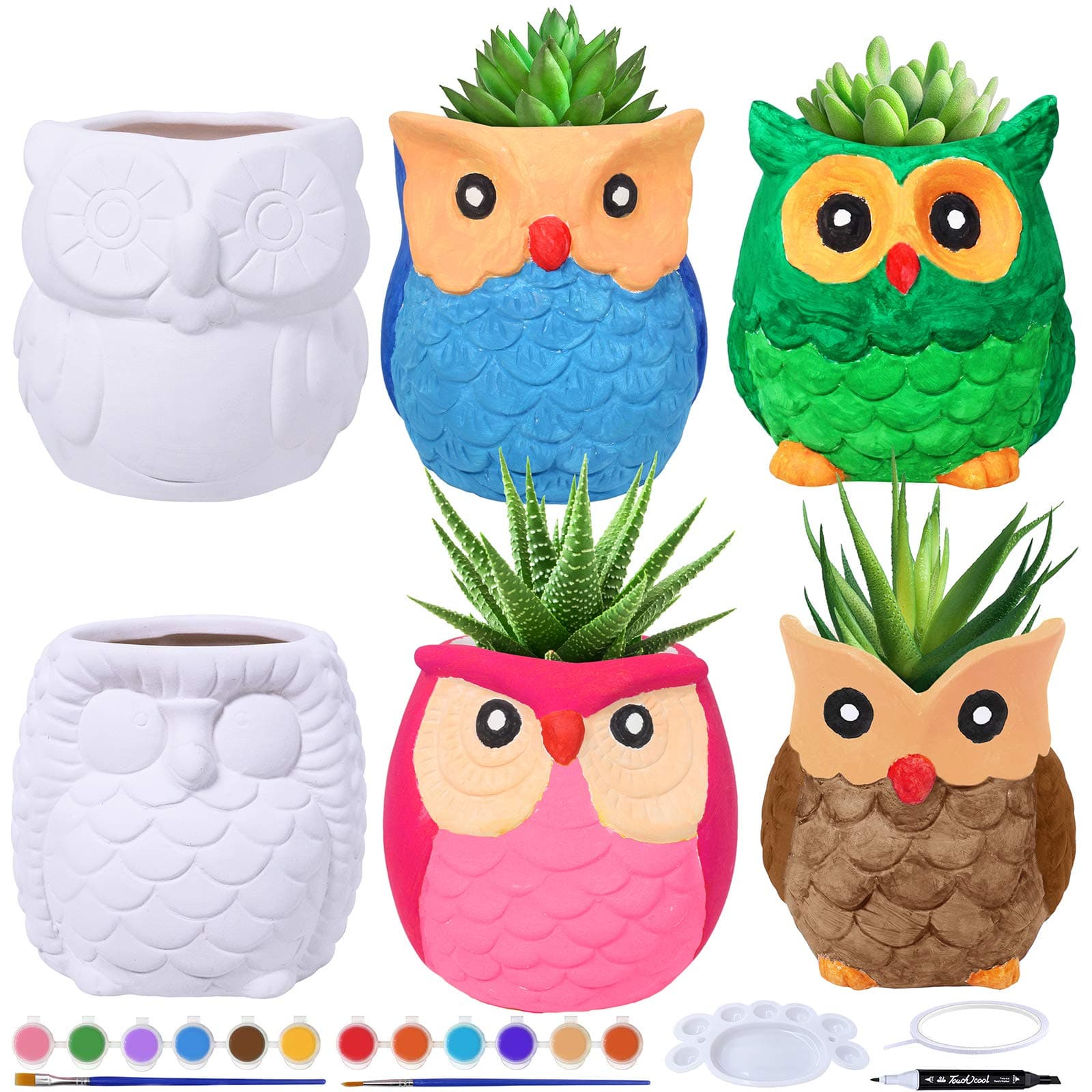 Winlyn 6 Sets DIY Ceramic Owl Succulent Pots Paint Craft Kit, Unpainted Ceramic Bisque Owl Flowerpots with Drainage Hole, Ready to Paint for Kids Classroom Craft Project Activity
